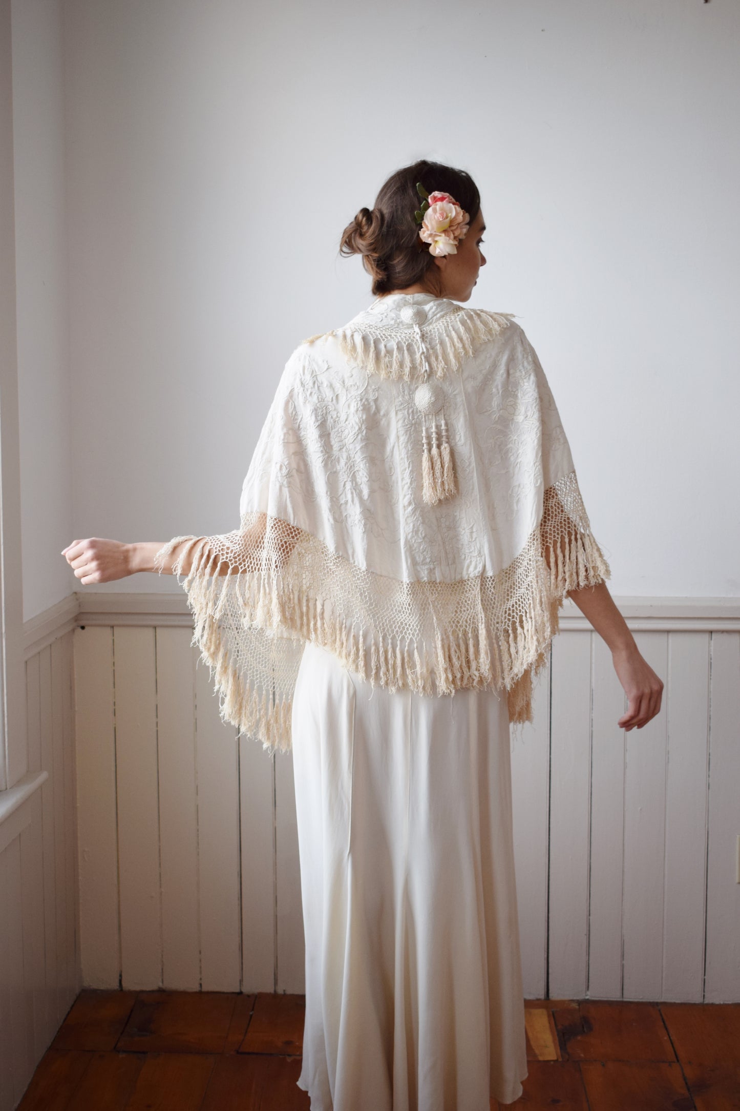 Antique Silk Piano Shawl Cape | OS