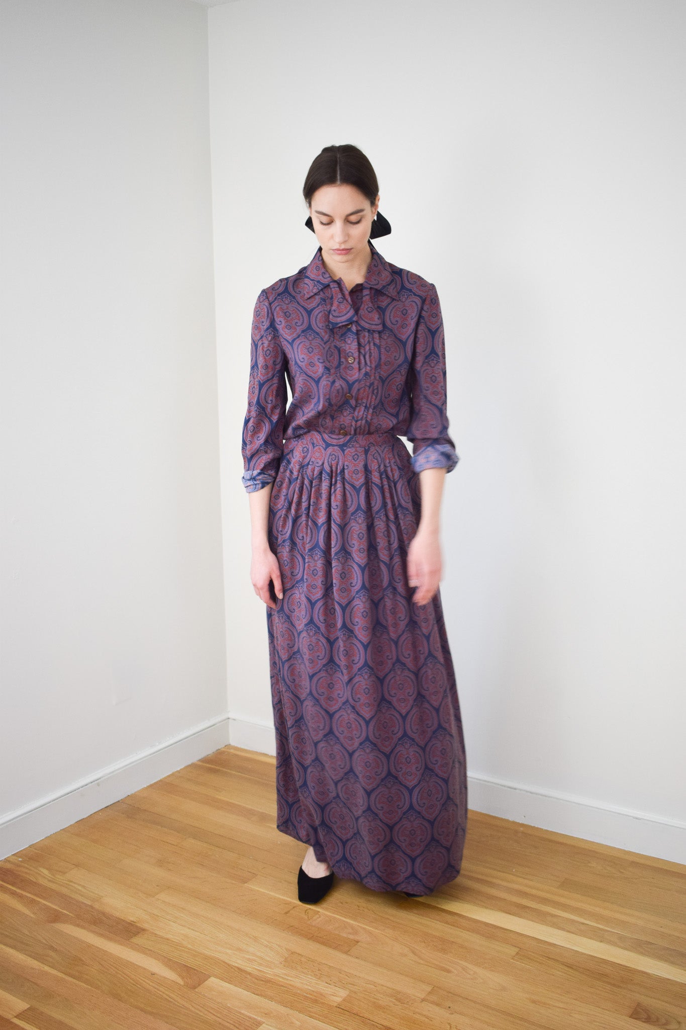 1970s Geoffrey Beene Plum Paisley Silk Dress Set | M
