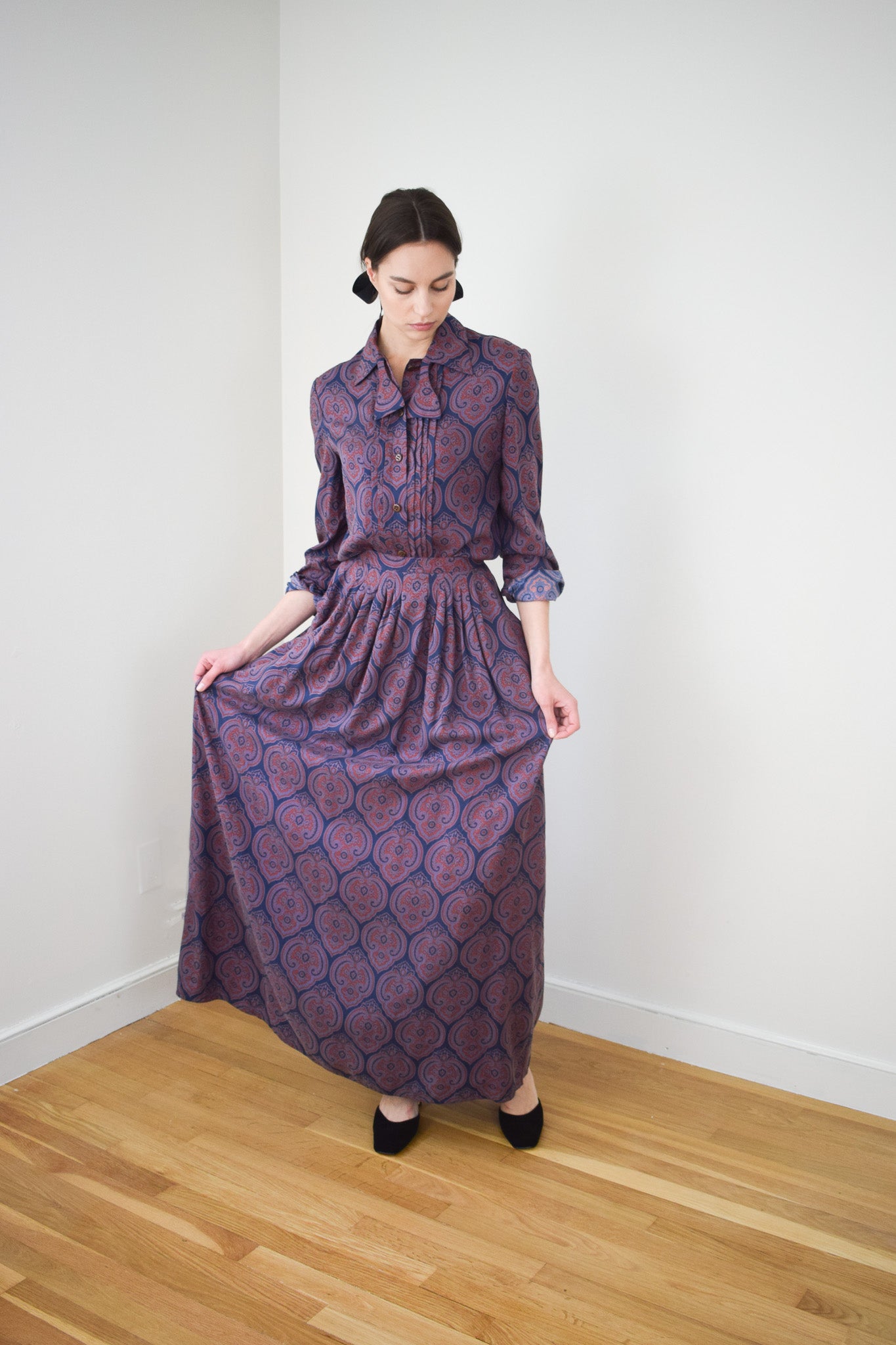 1970s Geoffrey Beene Plum Paisley Silk Dress Set | M