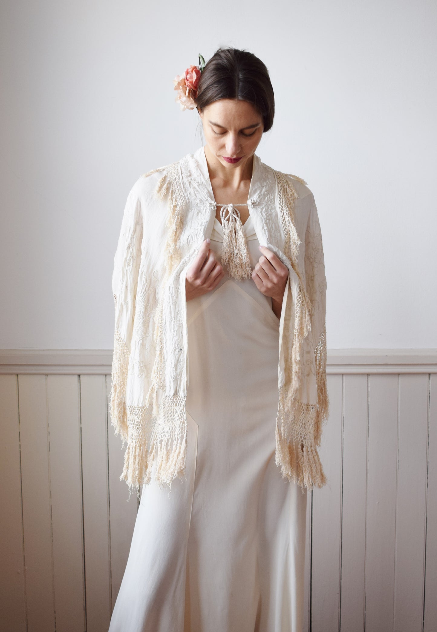 Antique Silk Piano Shawl Cape | OS