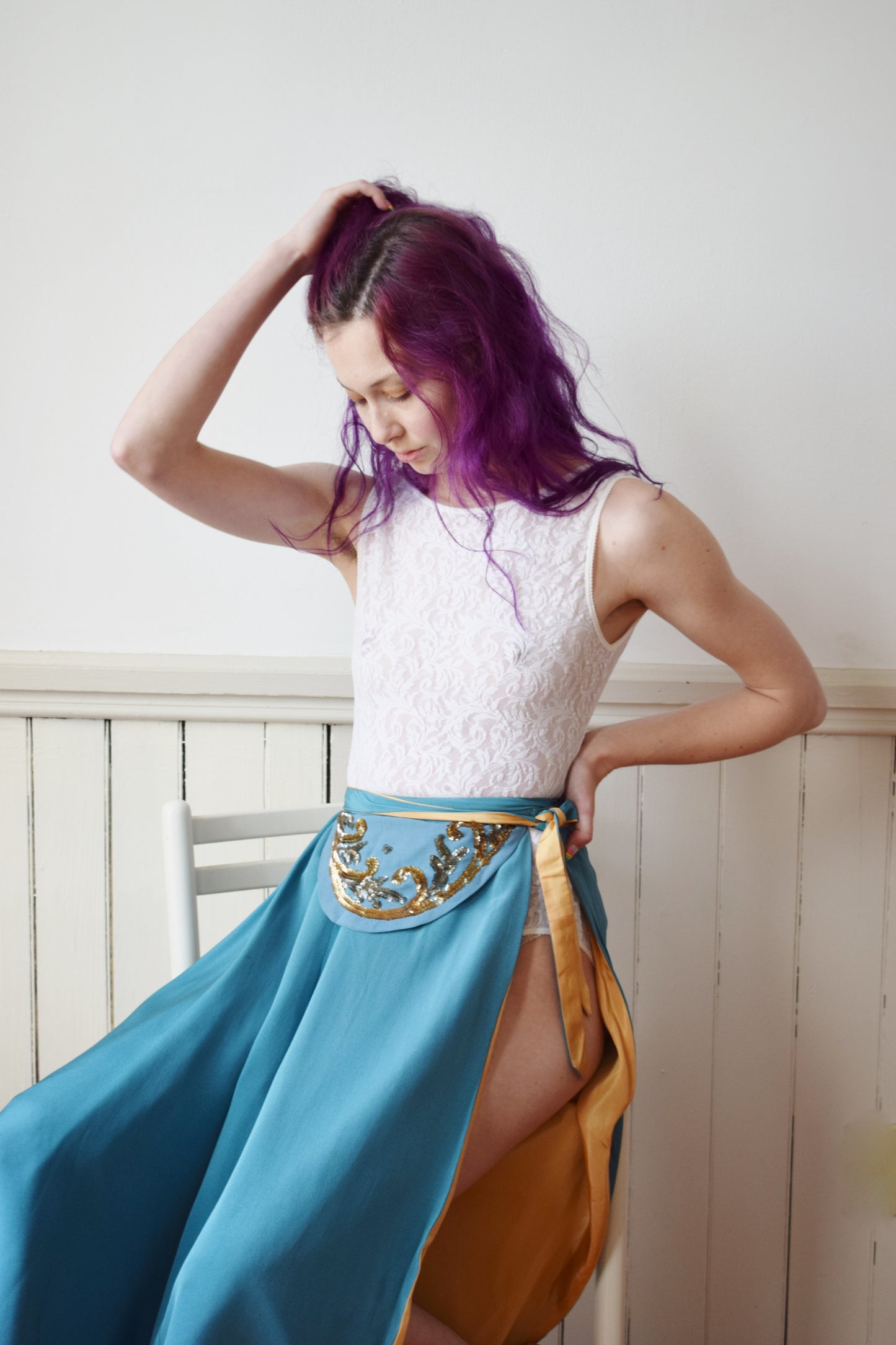 1940s Teal and Gold Wrap Skirt | XXS/XS