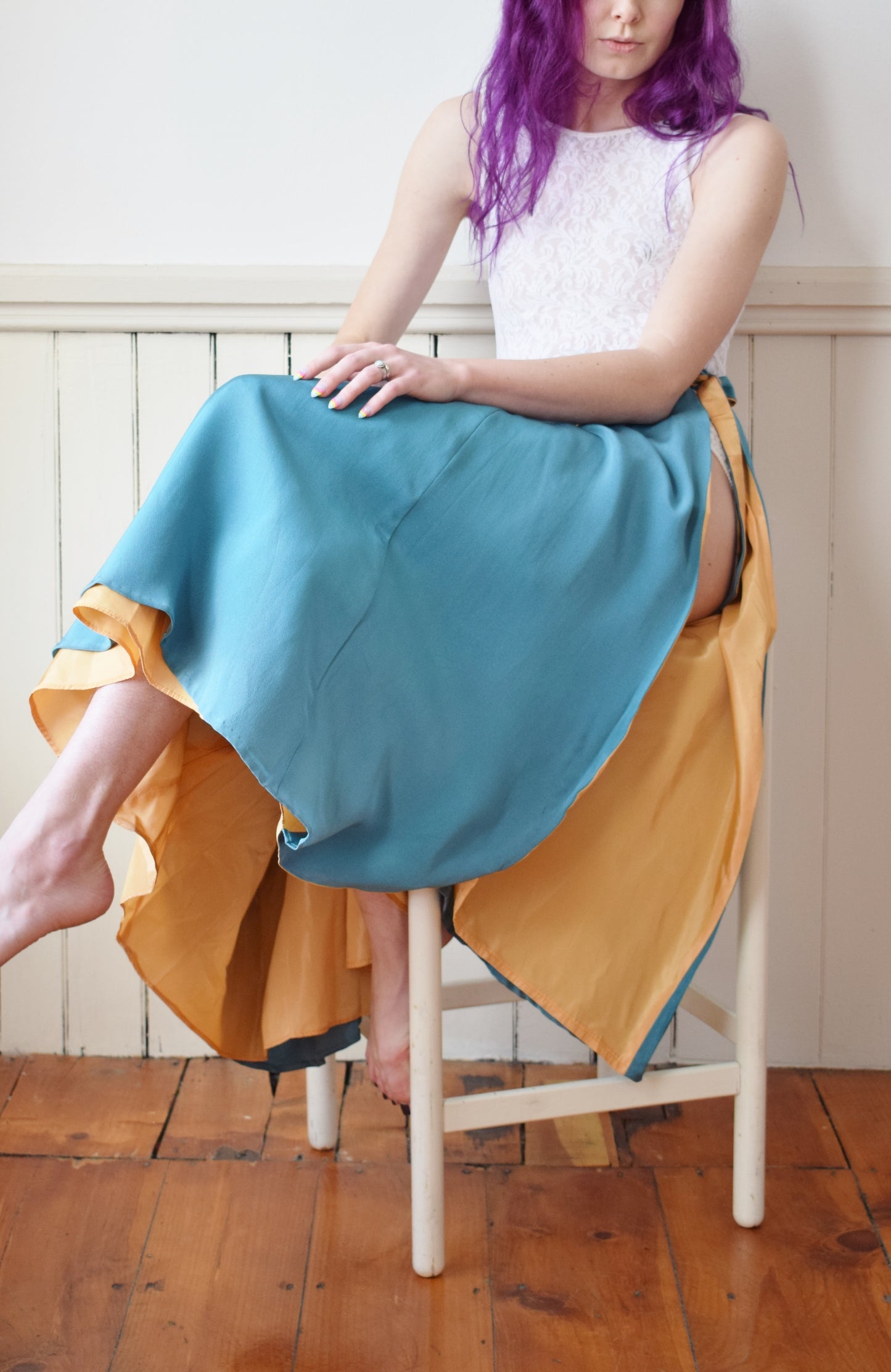 1940s Teal and Gold Wrap Skirt | XXS/XS