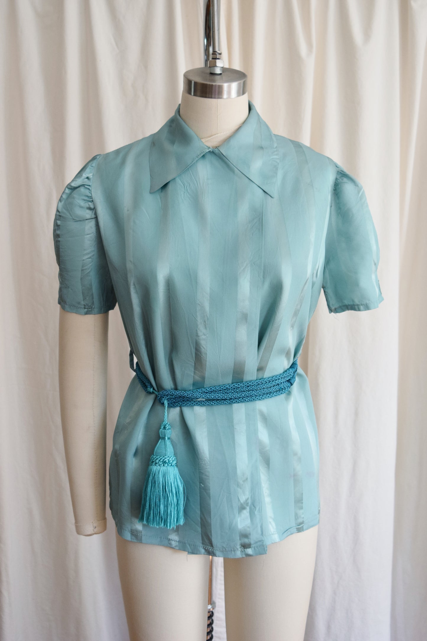 1940s Striped Teal Wrap Top / Loungewear Blouse with Belt