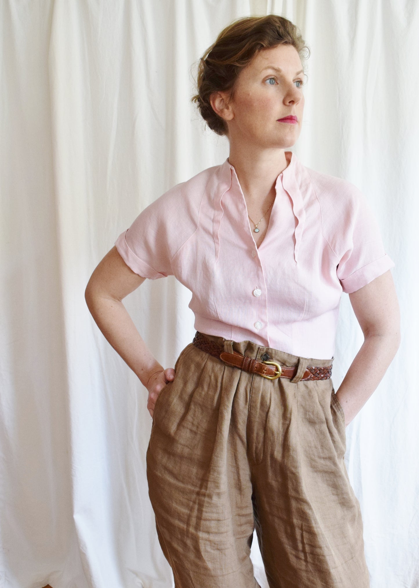 1950s Pink Linen Tailored Blouse