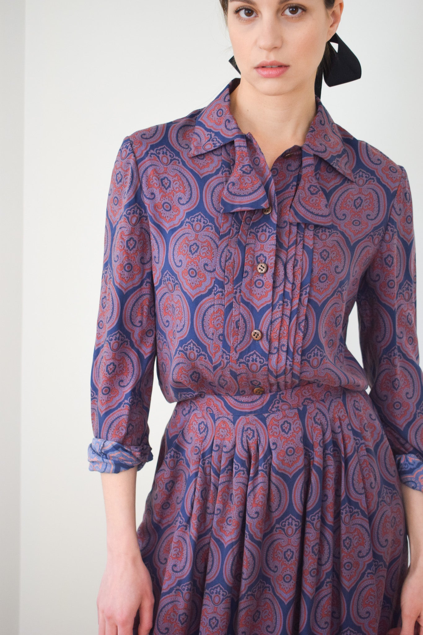 1970s Geoffrey Beene Plum Paisley Silk Dress Set | M
