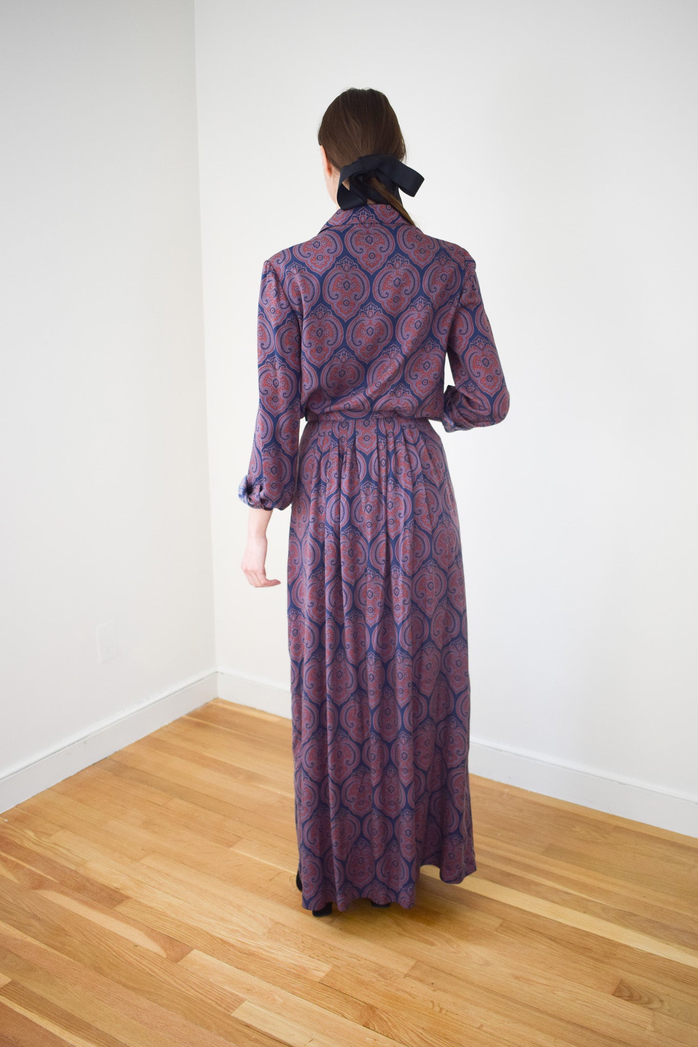 1970s Geoffrey Beene Plum Paisley Silk Dress Set | M