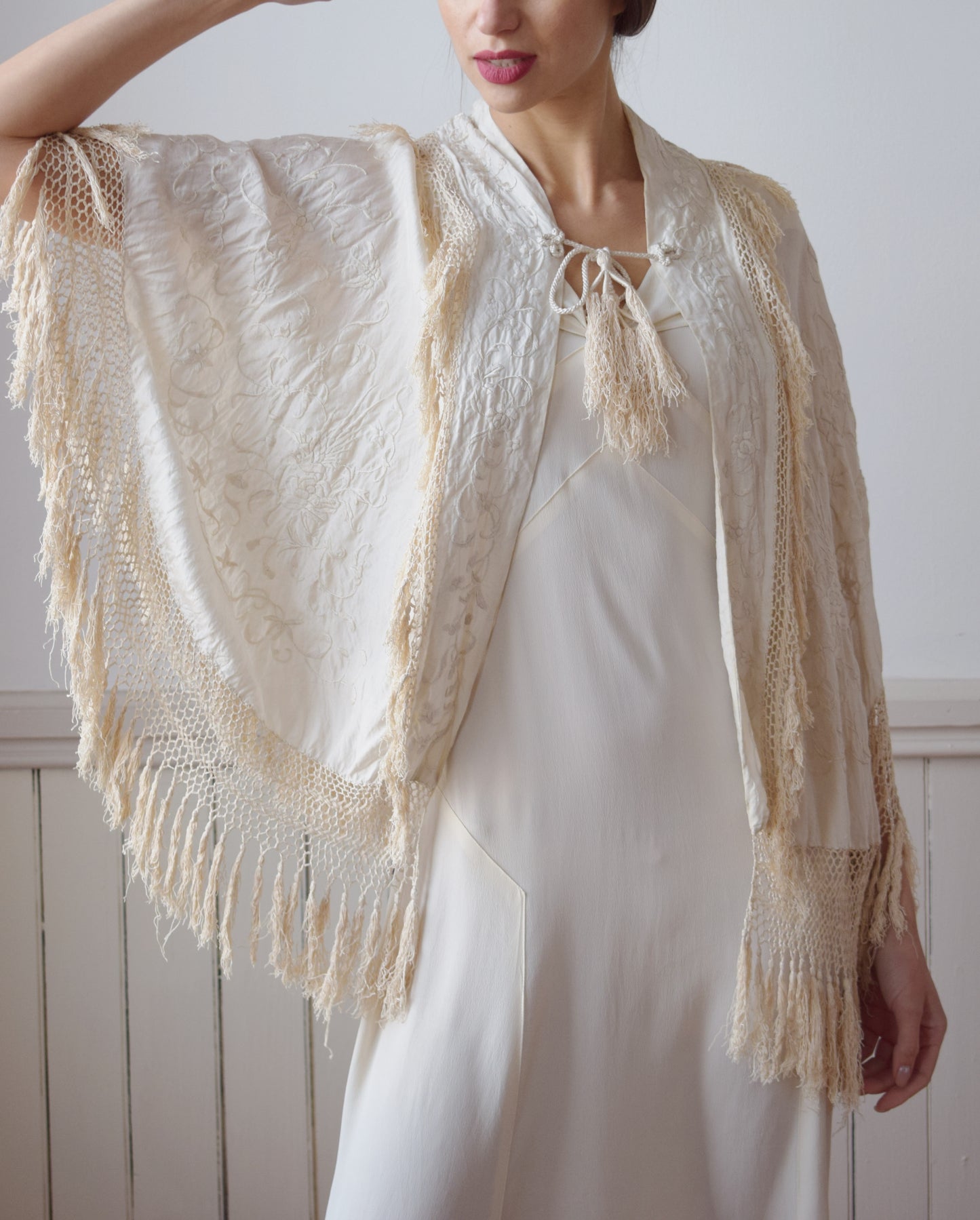 Antique Silk Piano Shawl Cape | OS