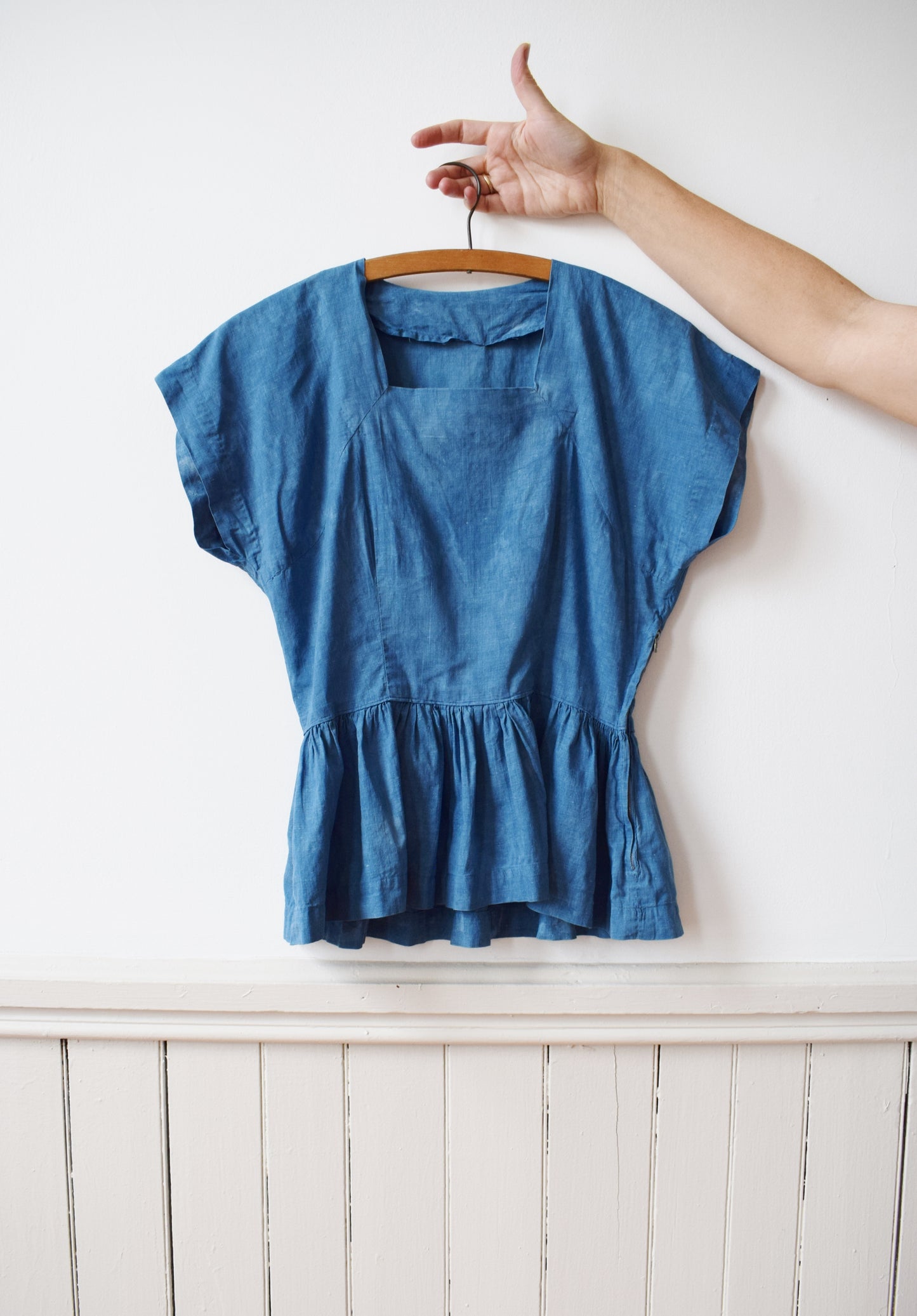 1940s Cotton Peplum Blouse Dip Dyed in Natural Indigo | XS