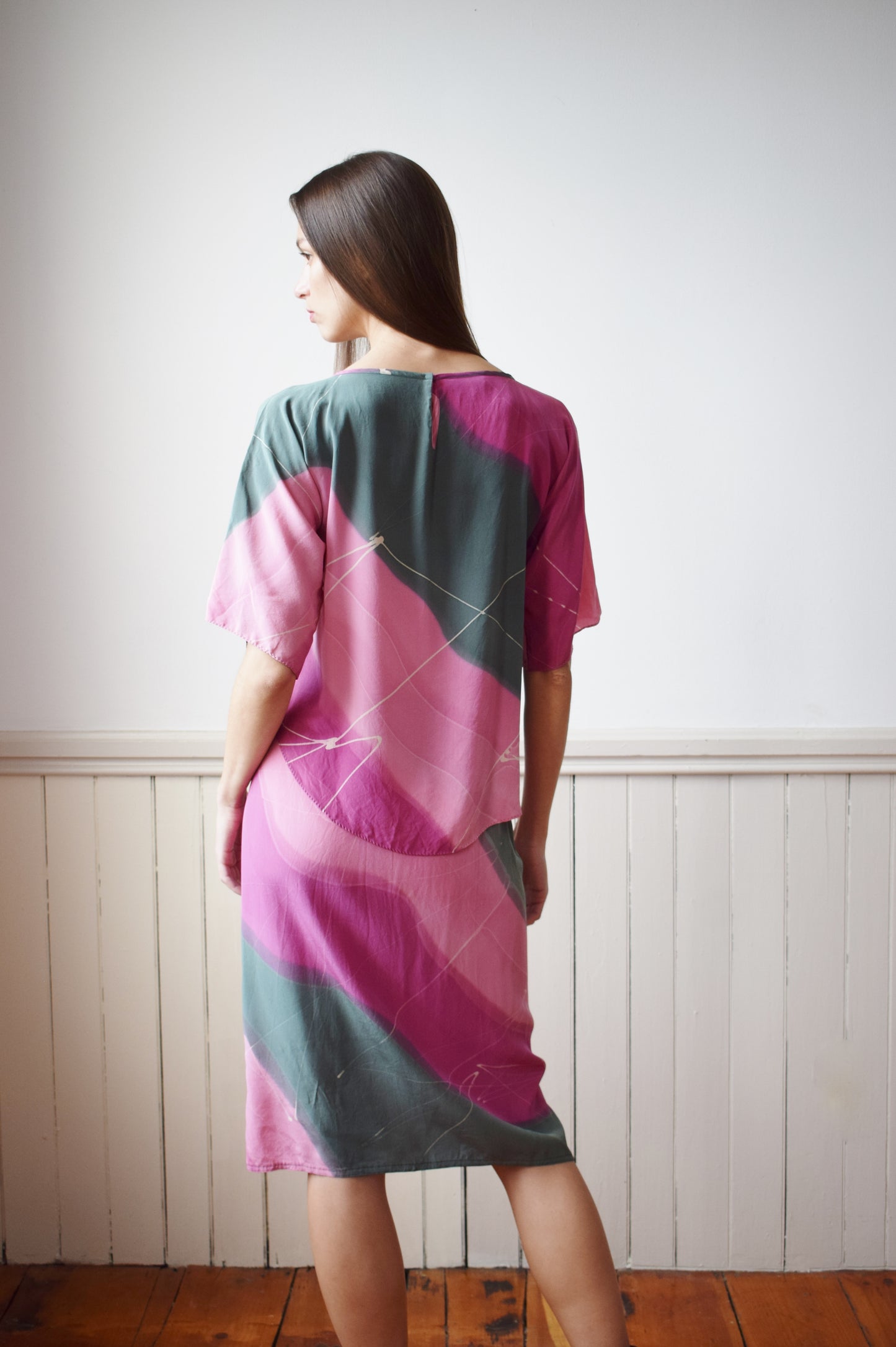 Vintage Painted Silk Set | Top and Skirt | S