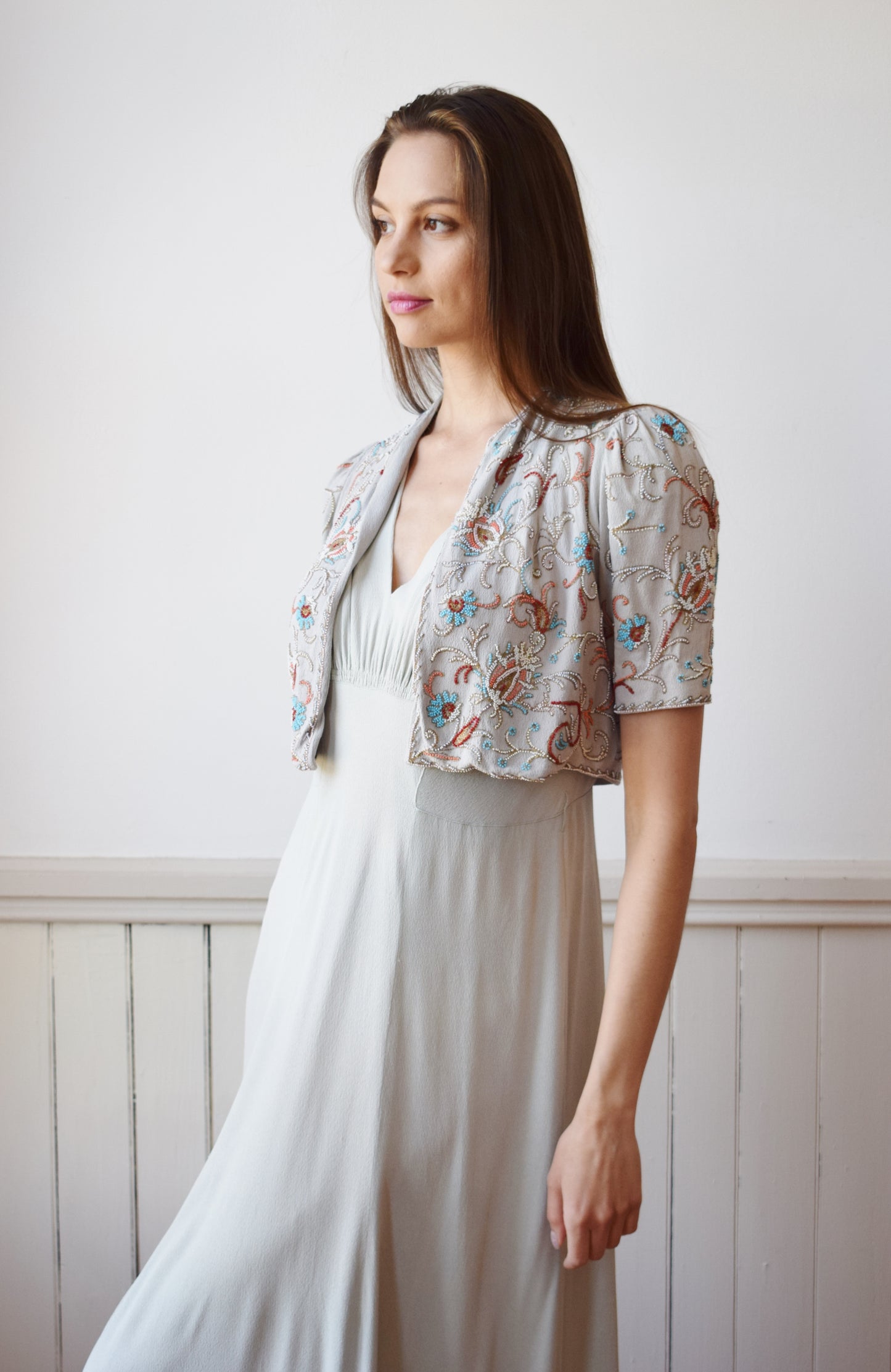 1930s/40s Stone Grey Beaded Bolero | S