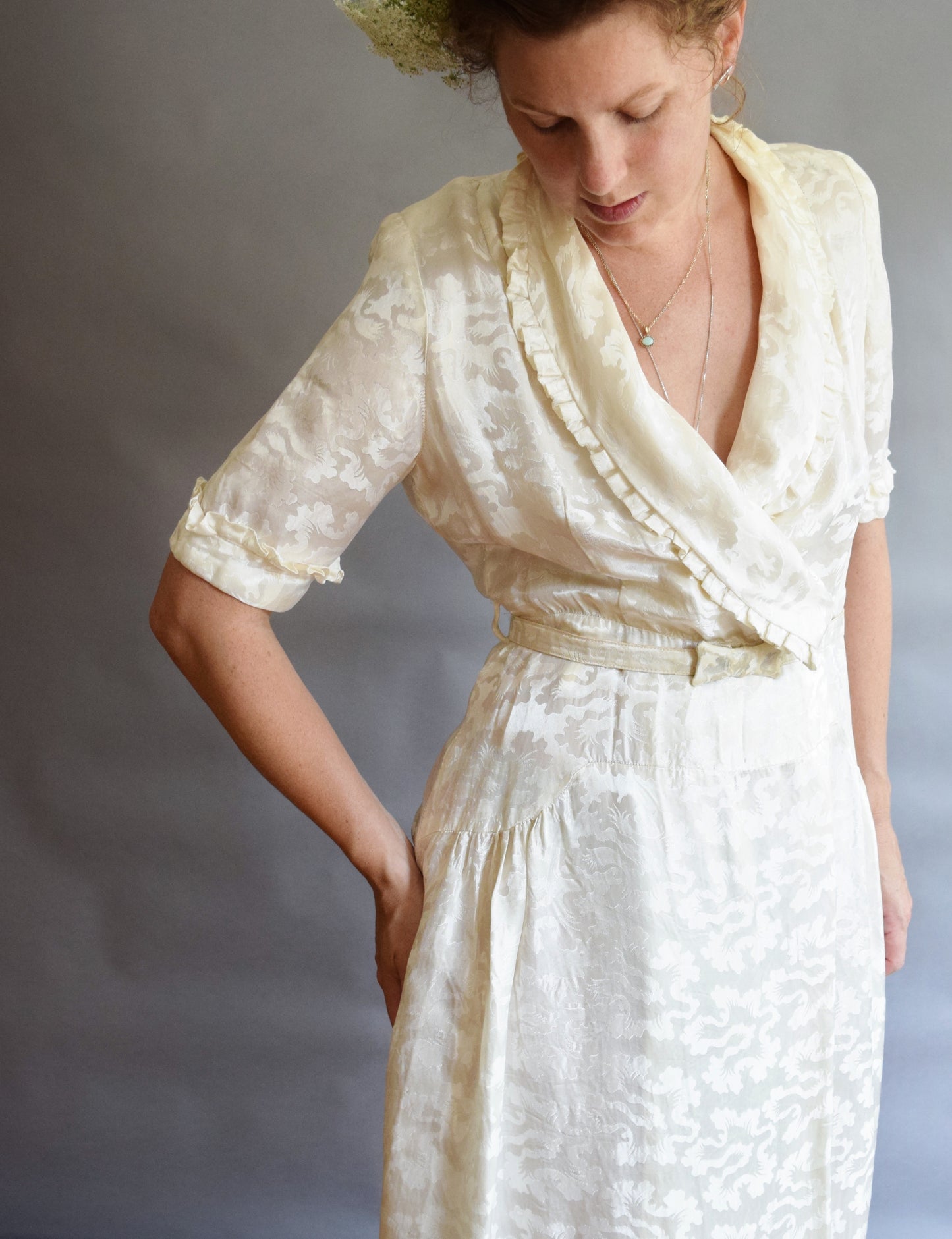 1940s Cream Satin Wrap Dress(ing Gown)