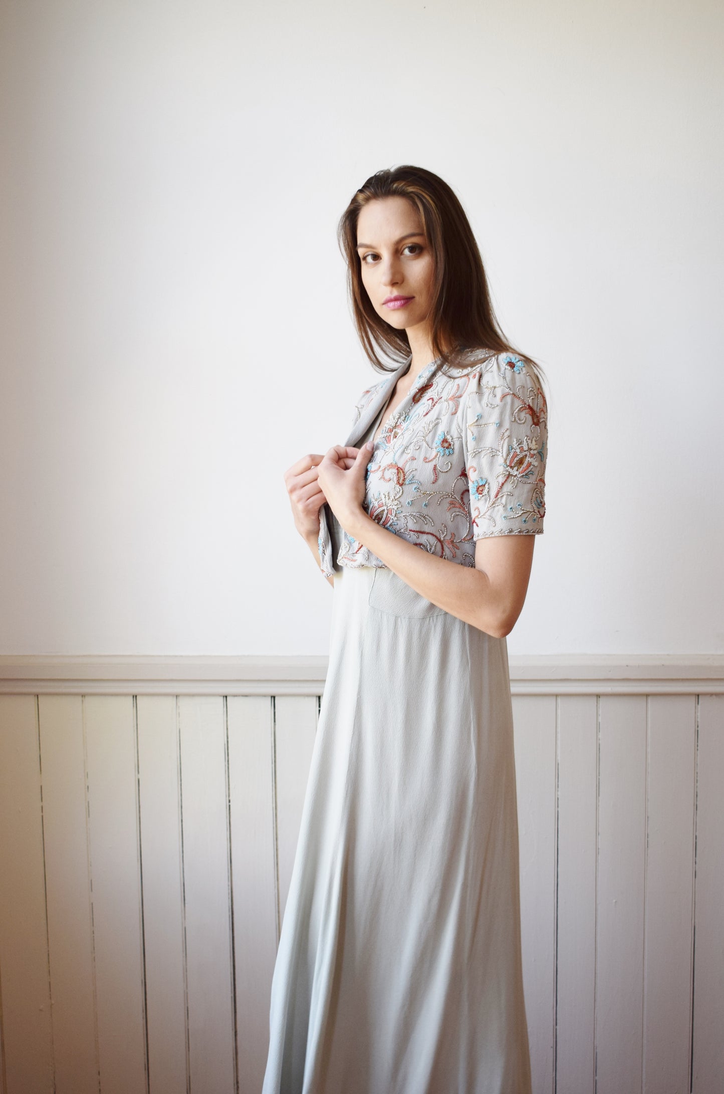 1930s/40s Stone Grey Beaded Bolero | S