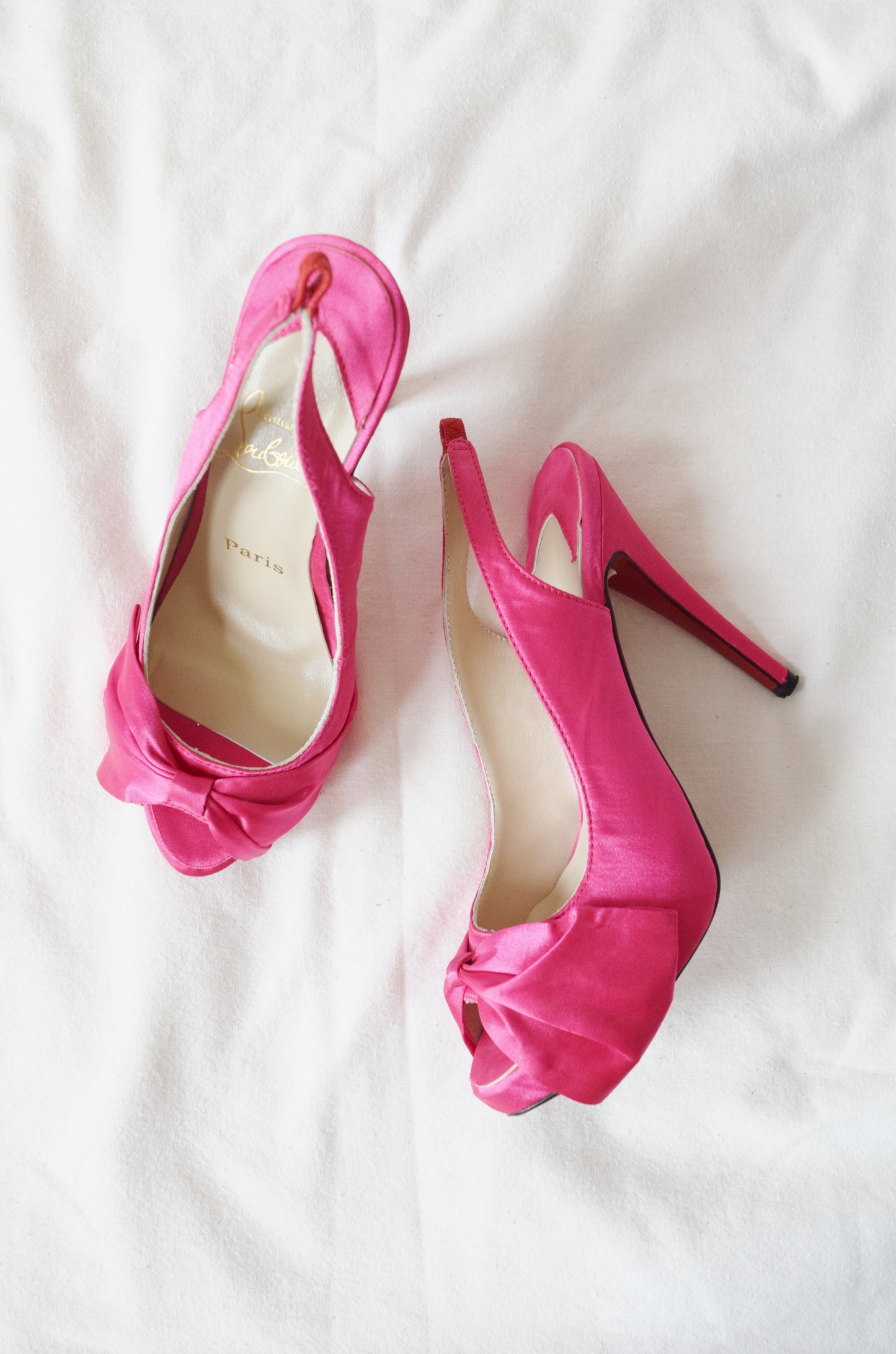 Christian Louboutin Hot Pink Satin 5” Platform Heels | Size 38