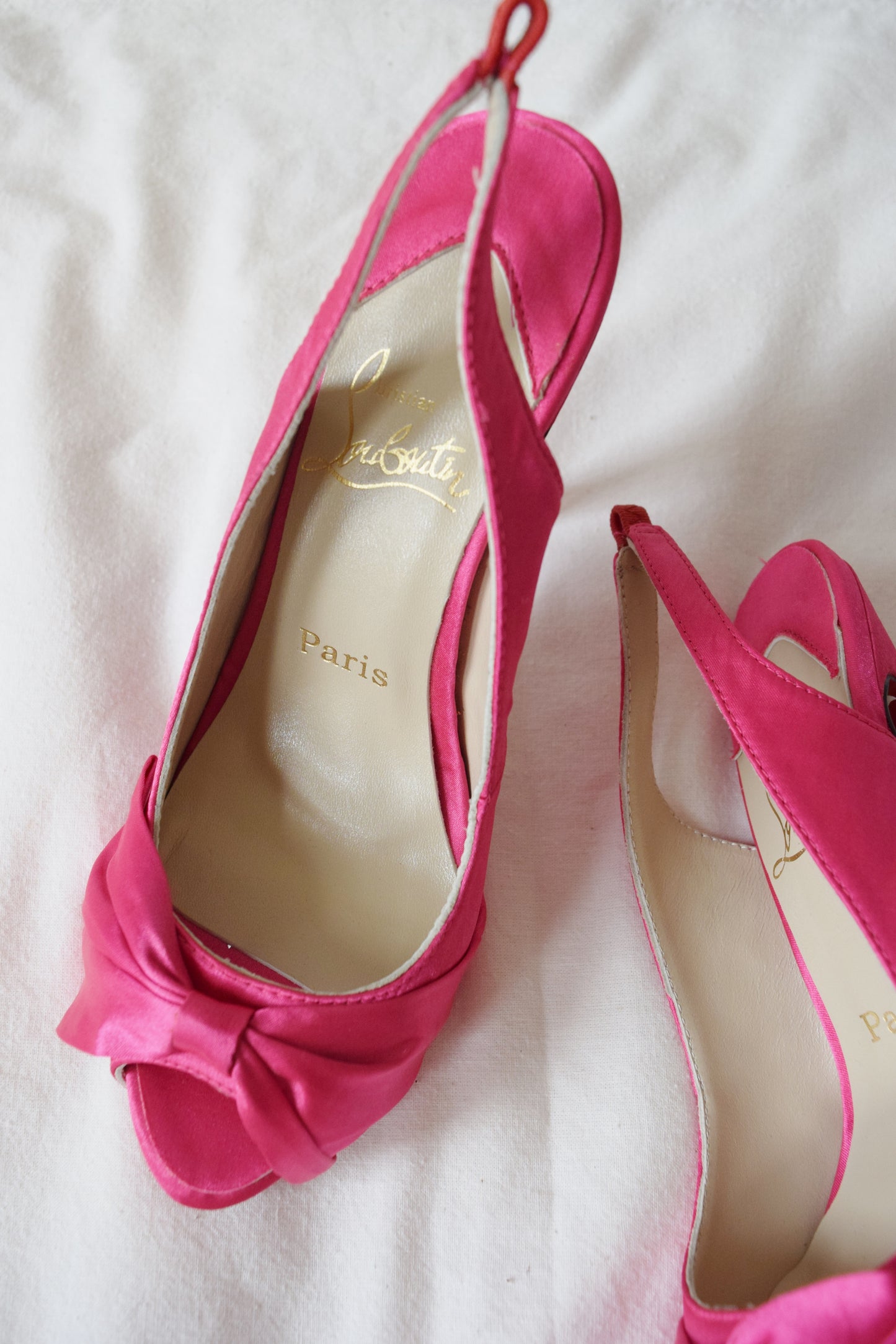 Christian Louboutin Hot Pink Satin 5” Platform Heels | Size 38