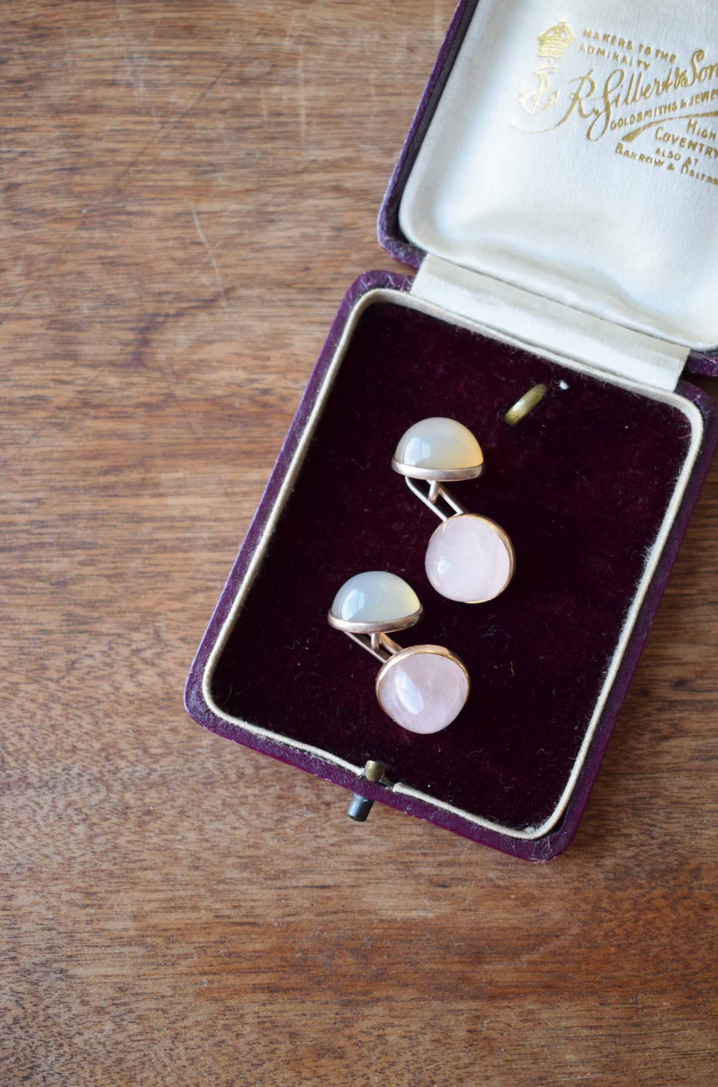 Art Deco 14kt Gold, Rose Quartz and Moonstone Cufflinks