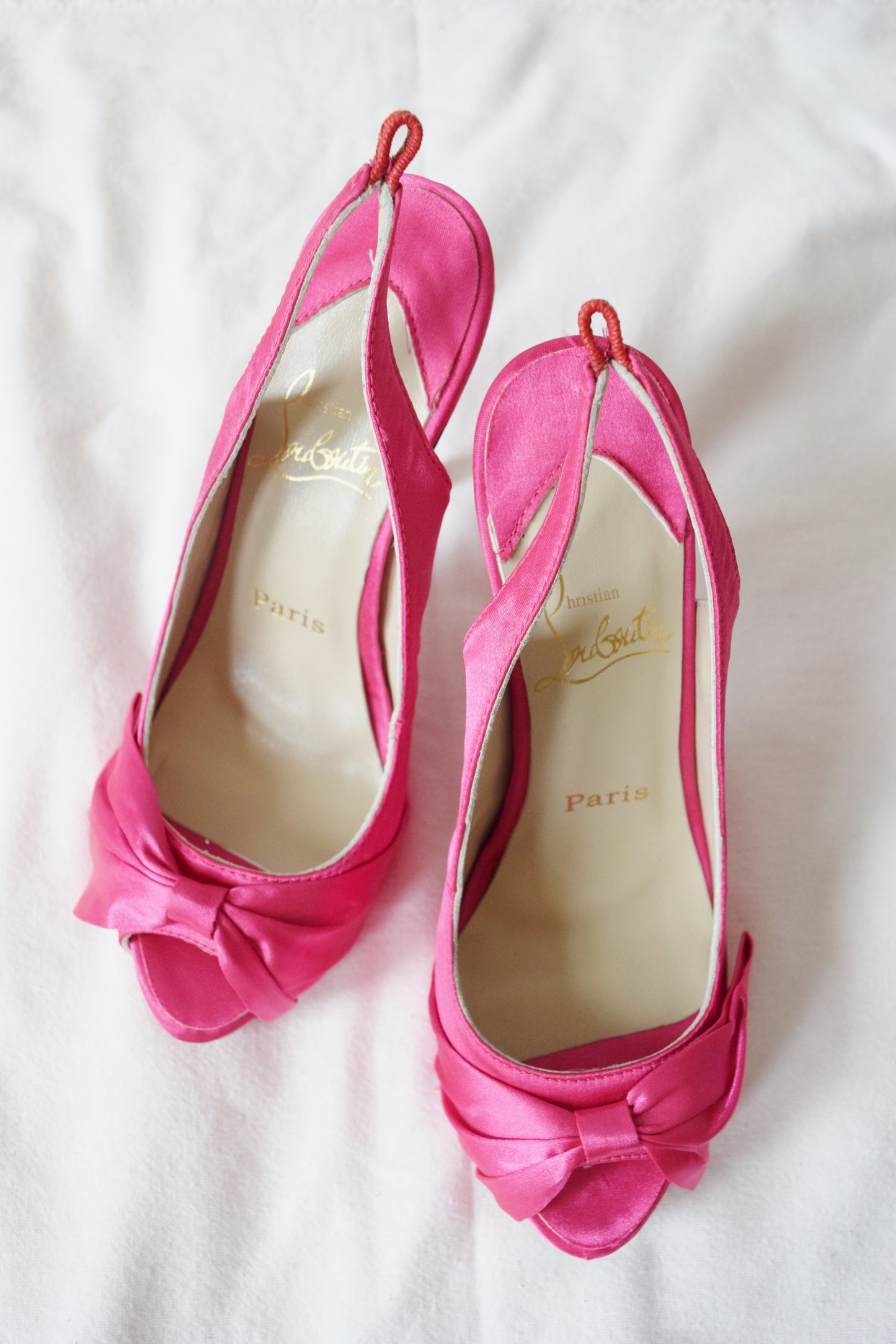 Christian Louboutin Hot Pink Satin 5” Platform Heels | Size 38