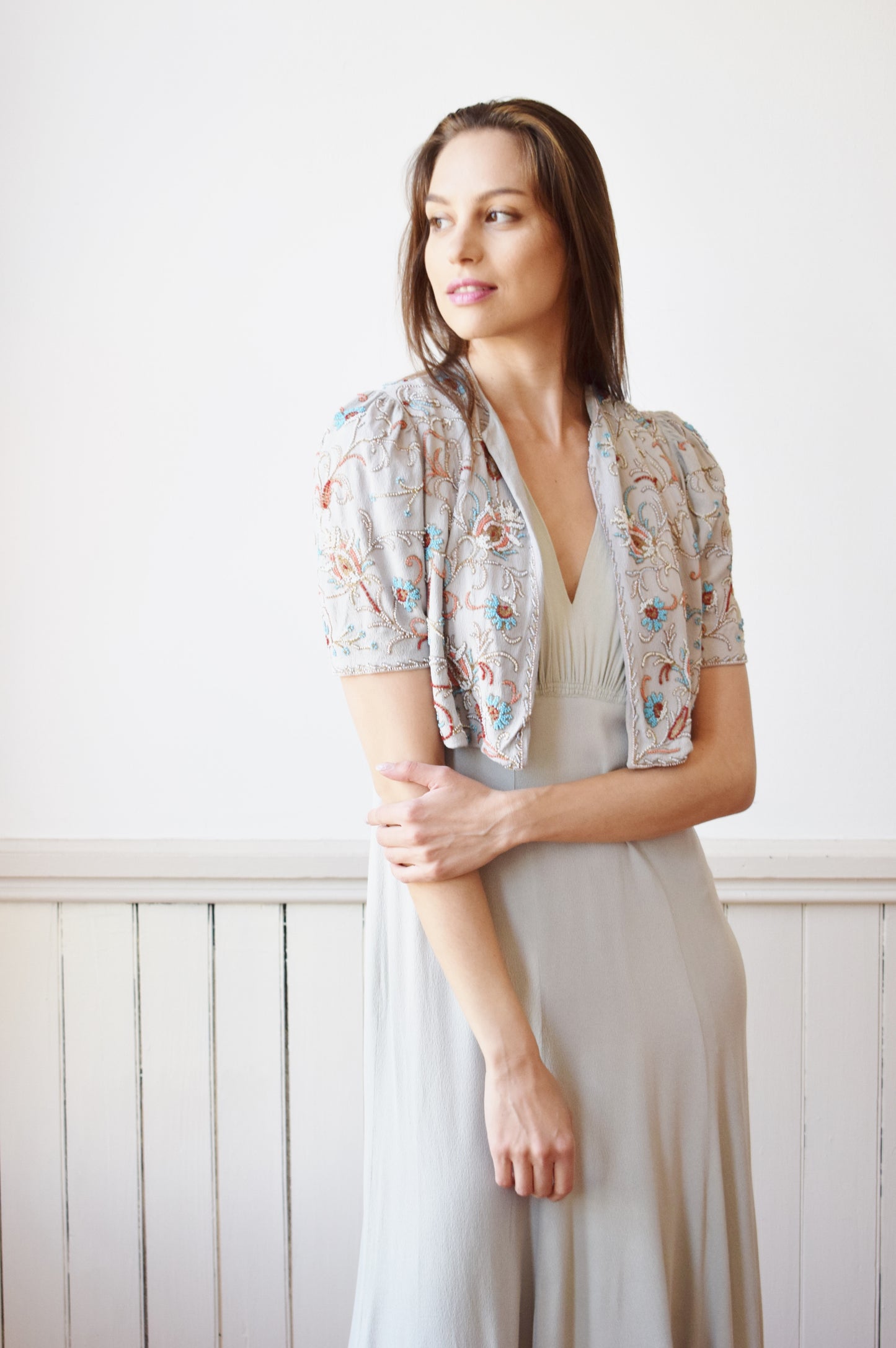 1930s/40s Stone Grey Beaded Bolero | S