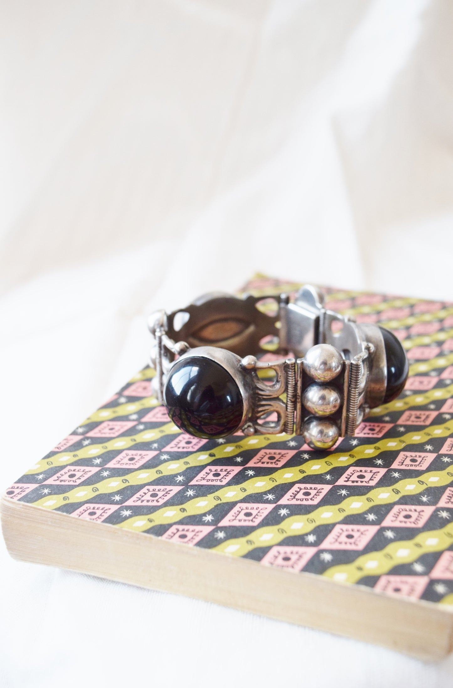 Large Mexican Sterling + Onyx Bracelet | 1970s