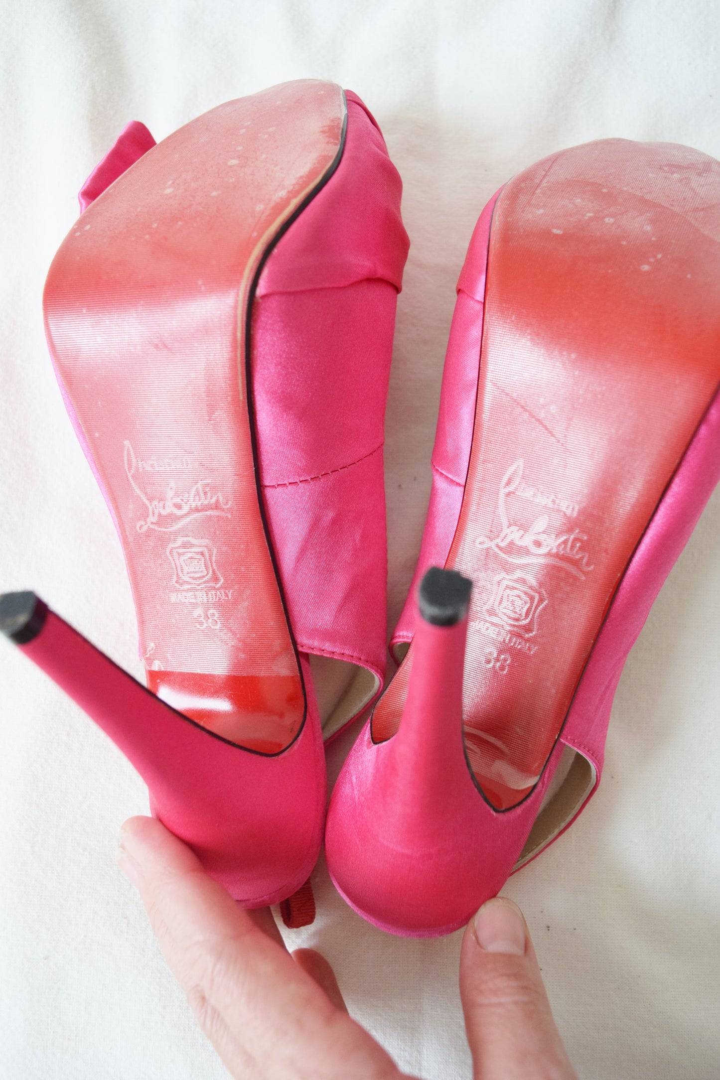 Christian Louboutin Hot Pink Satin 5” Platform Heels | Size 38
