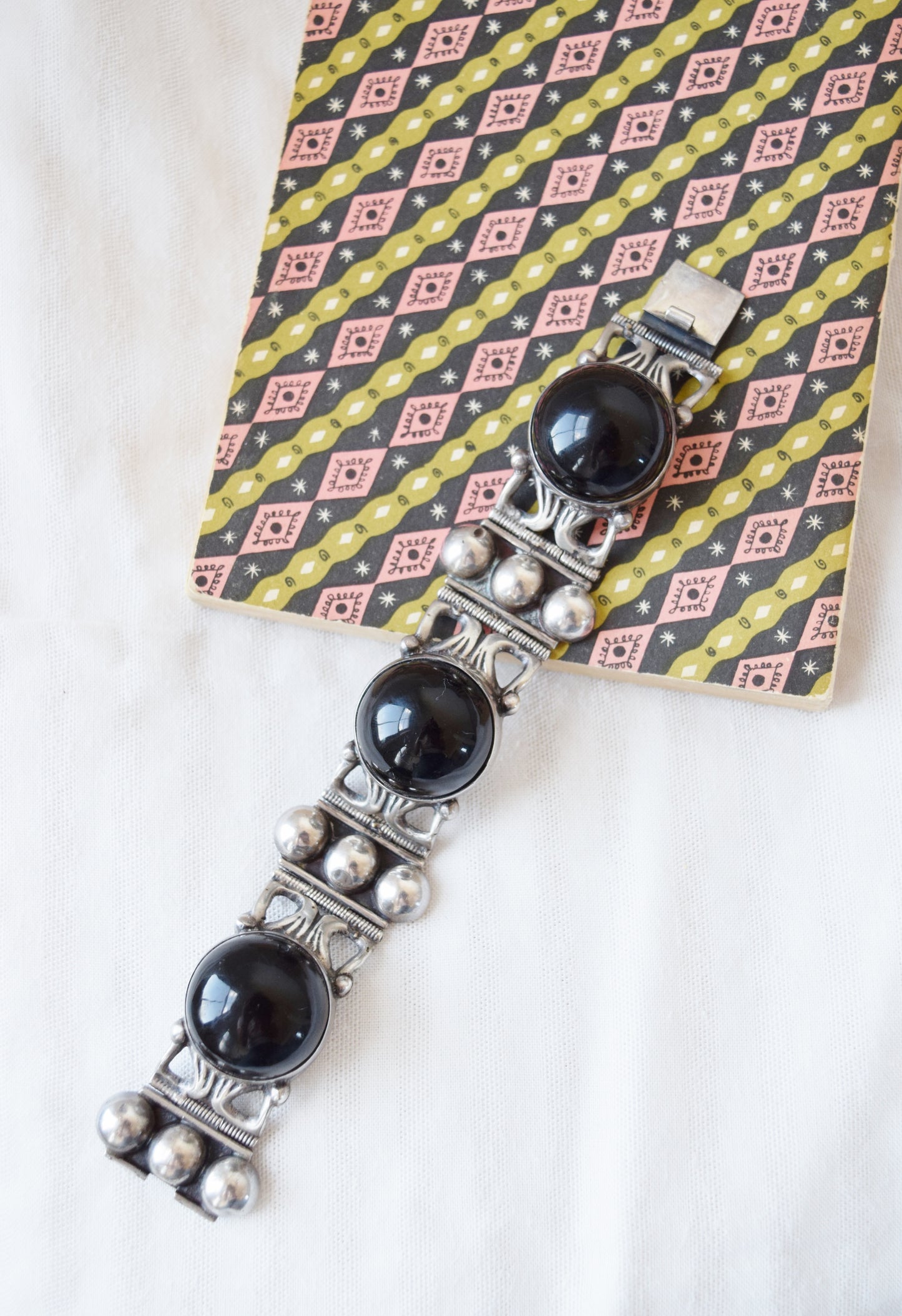 Large Mexican Sterling + Onyx Bracelet | 1970s