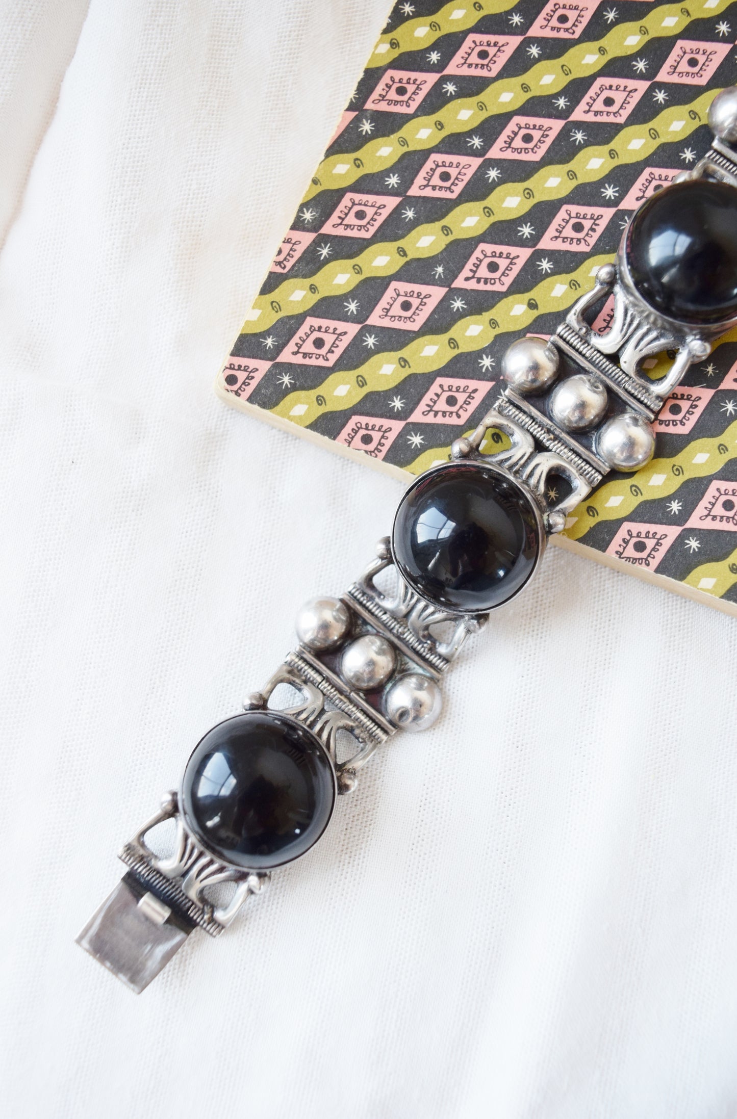 Large Mexican Sterling + Onyx Bracelet | 1970s