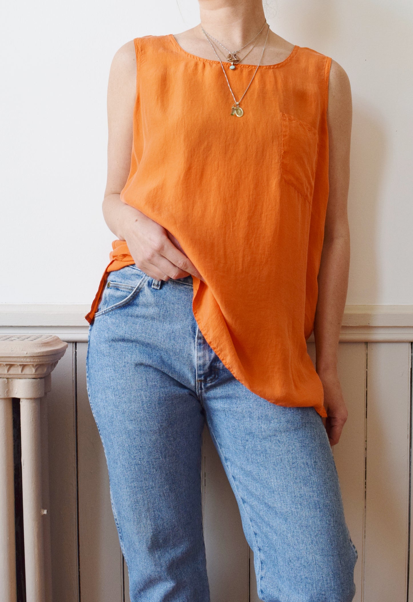 Vintage Orange Silk Basic Tank | 1990s | L