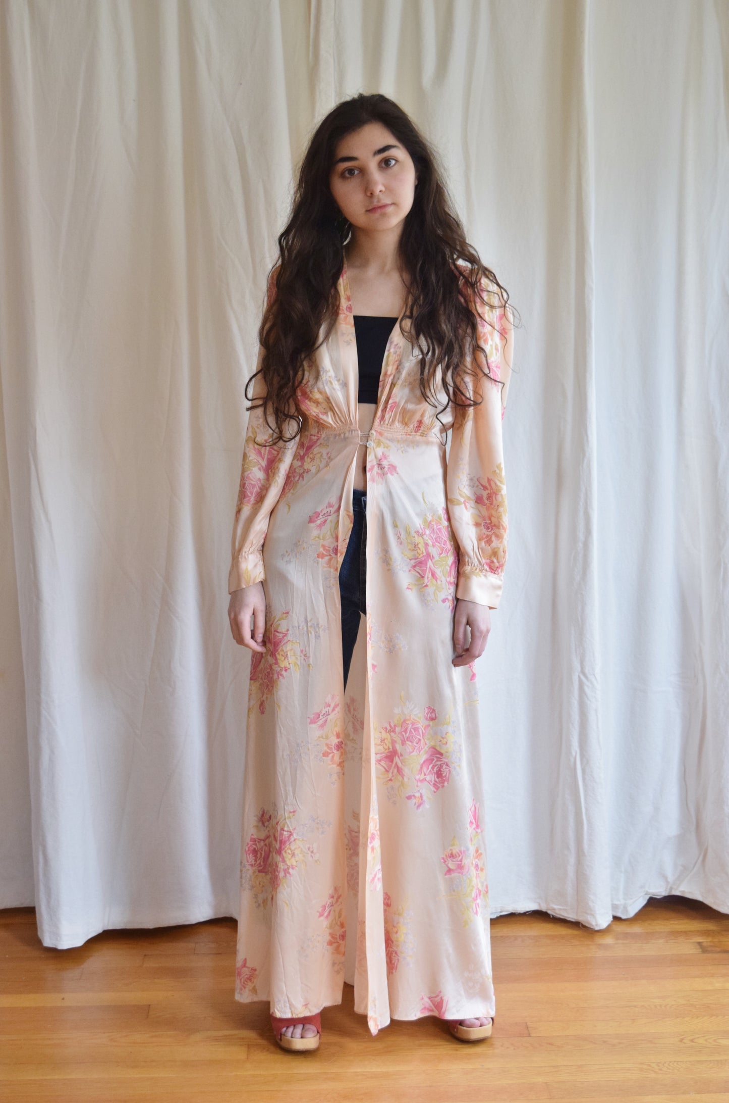 1940s Floral Satin Duster / Dressing Gown
