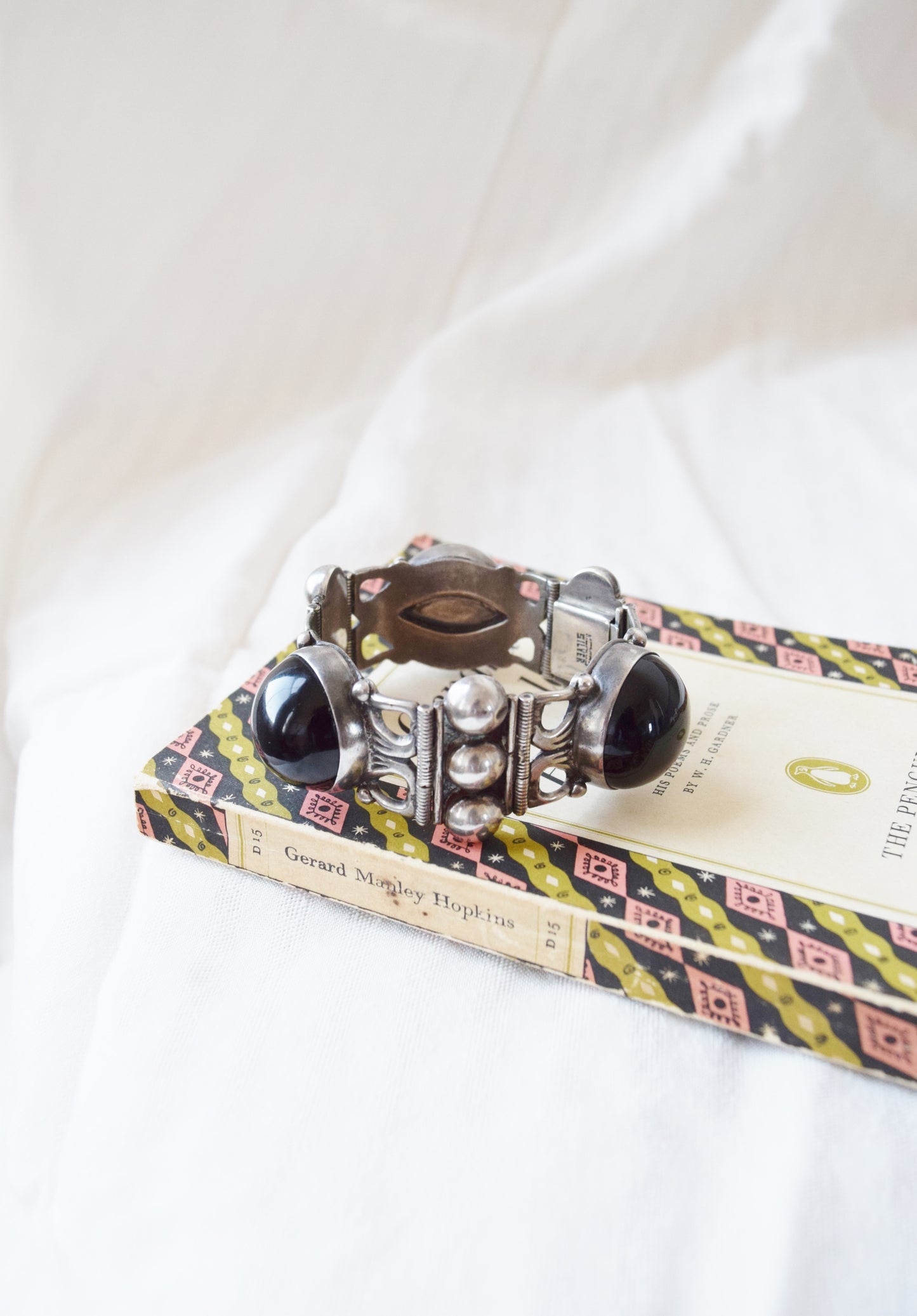 Large Mexican Sterling + Onyx Bracelet | 1970s