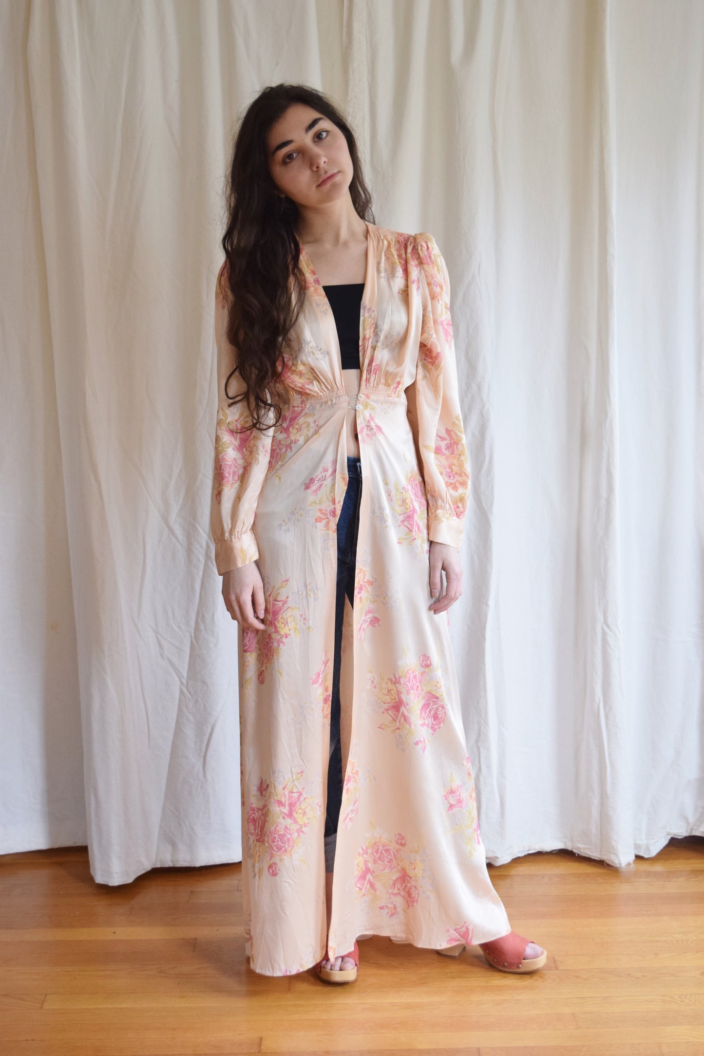 1940s Floral Satin Duster / Dressing Gown