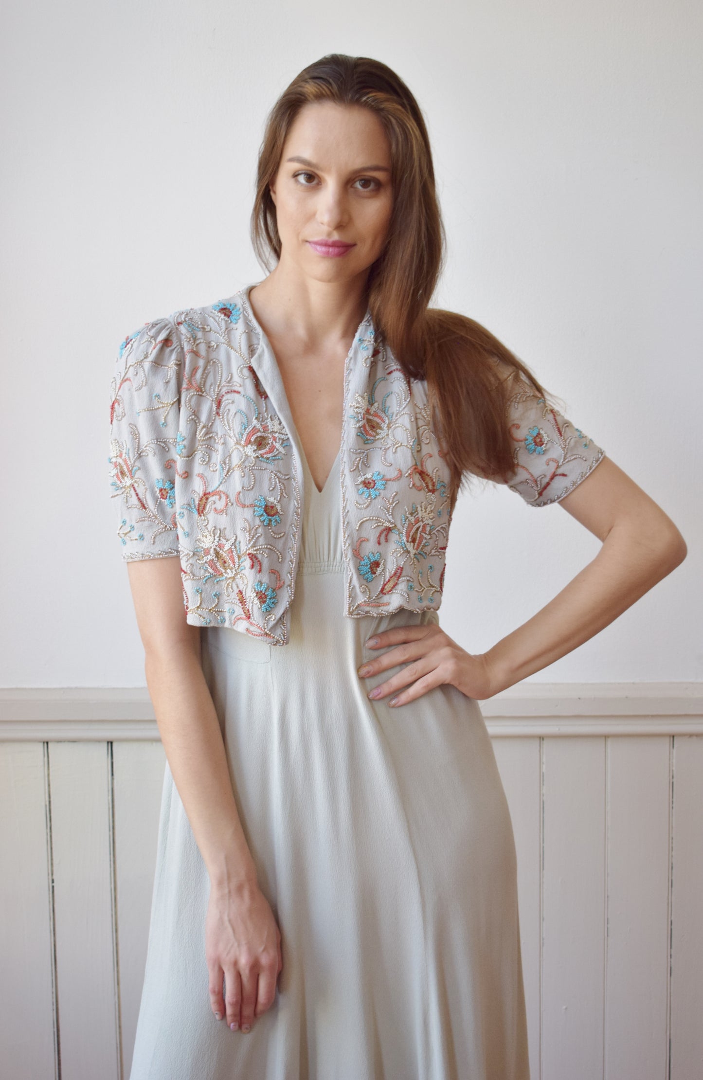 1930s/40s Stone Grey Beaded Bolero | S