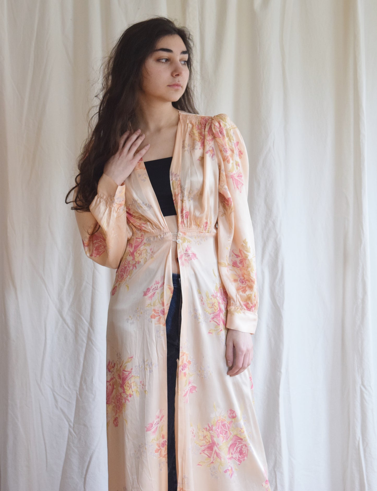 1940s Floral Satin Duster / Dressing Gown