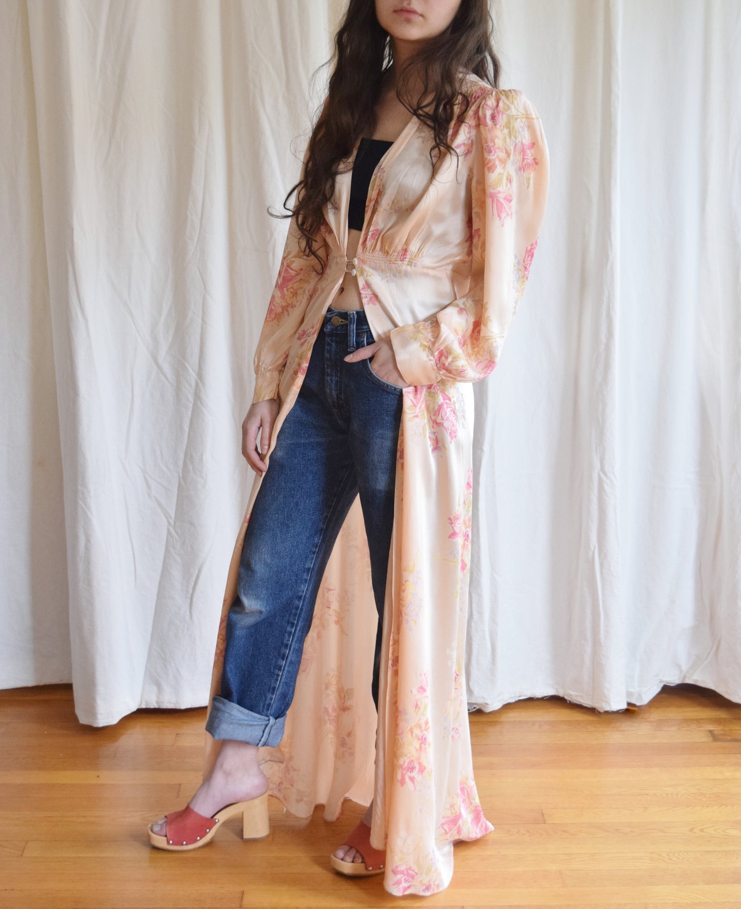 1940s Floral Satin Duster / Dressing Gown