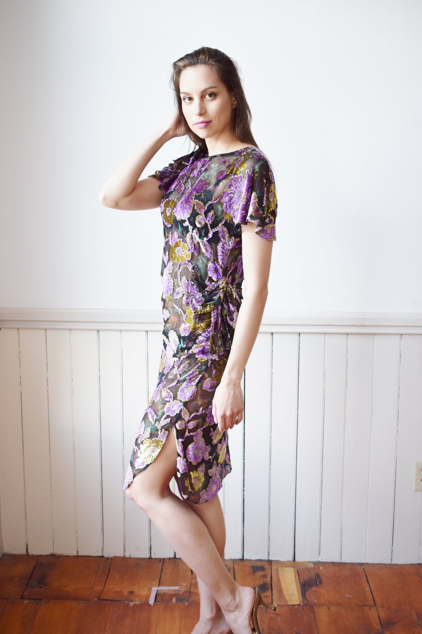 90s Burnout Silk Velvet and Gold Dress | XS/S