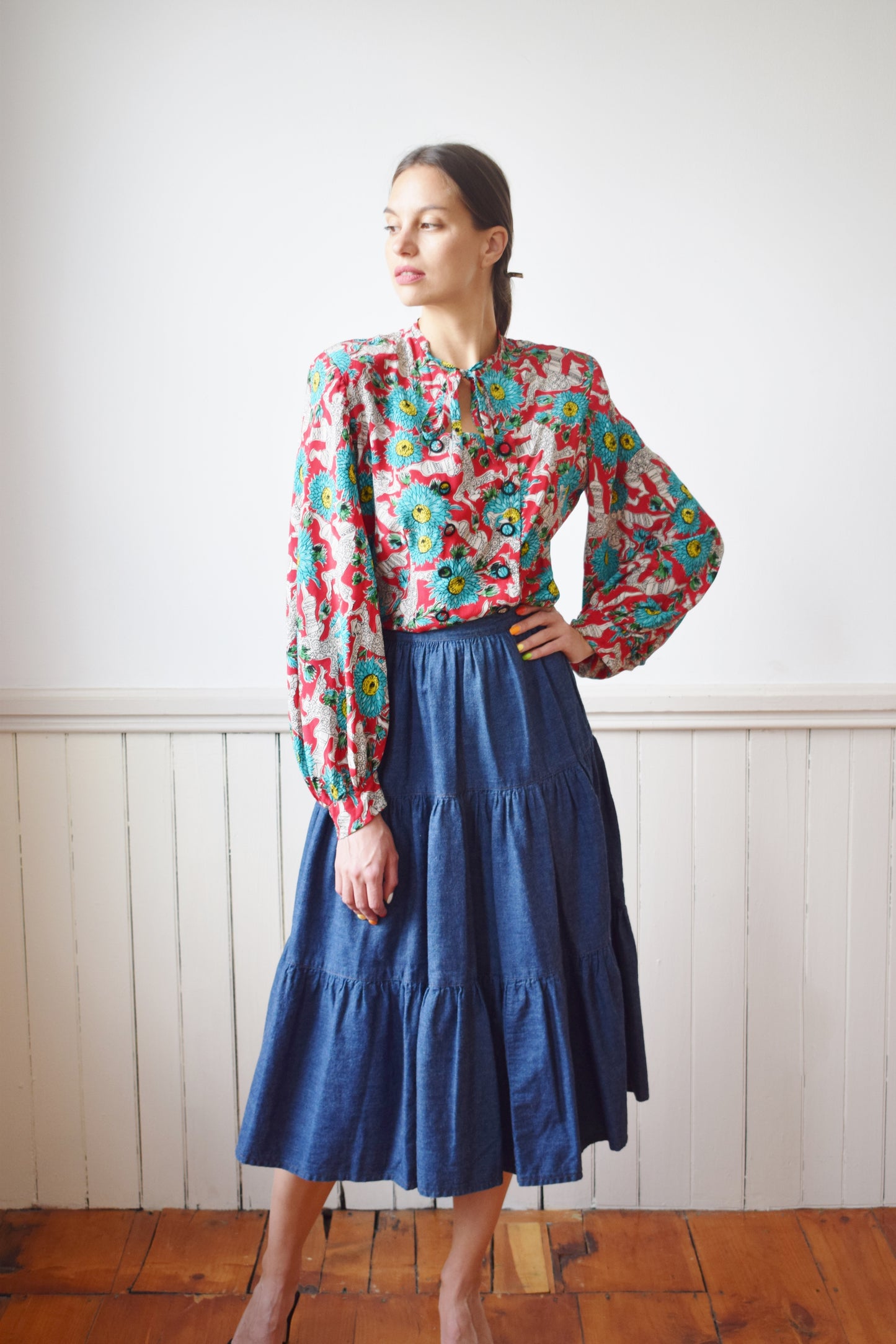 1940s Novelty Print Lantern Sleeve Blouse | M/L