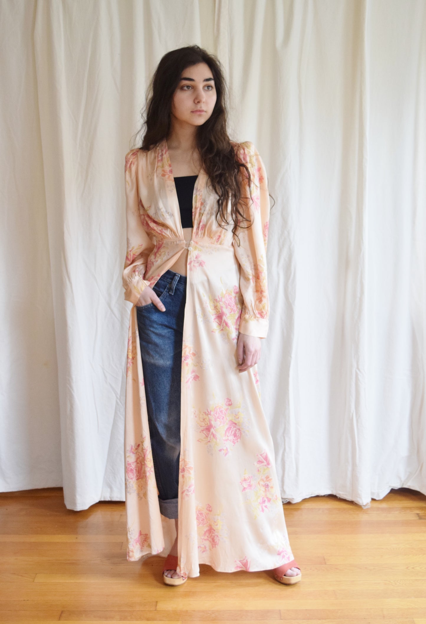 1940s Floral Satin Duster / Dressing Gown