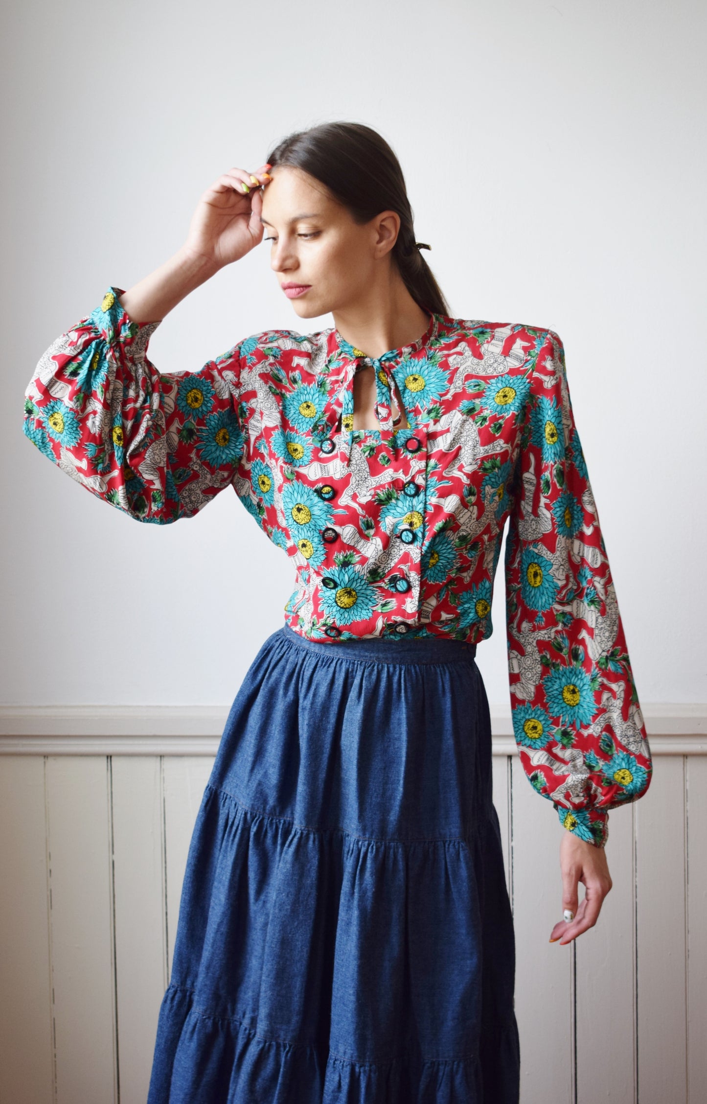 1940s Novelty Print Lantern Sleeve Blouse | M/L