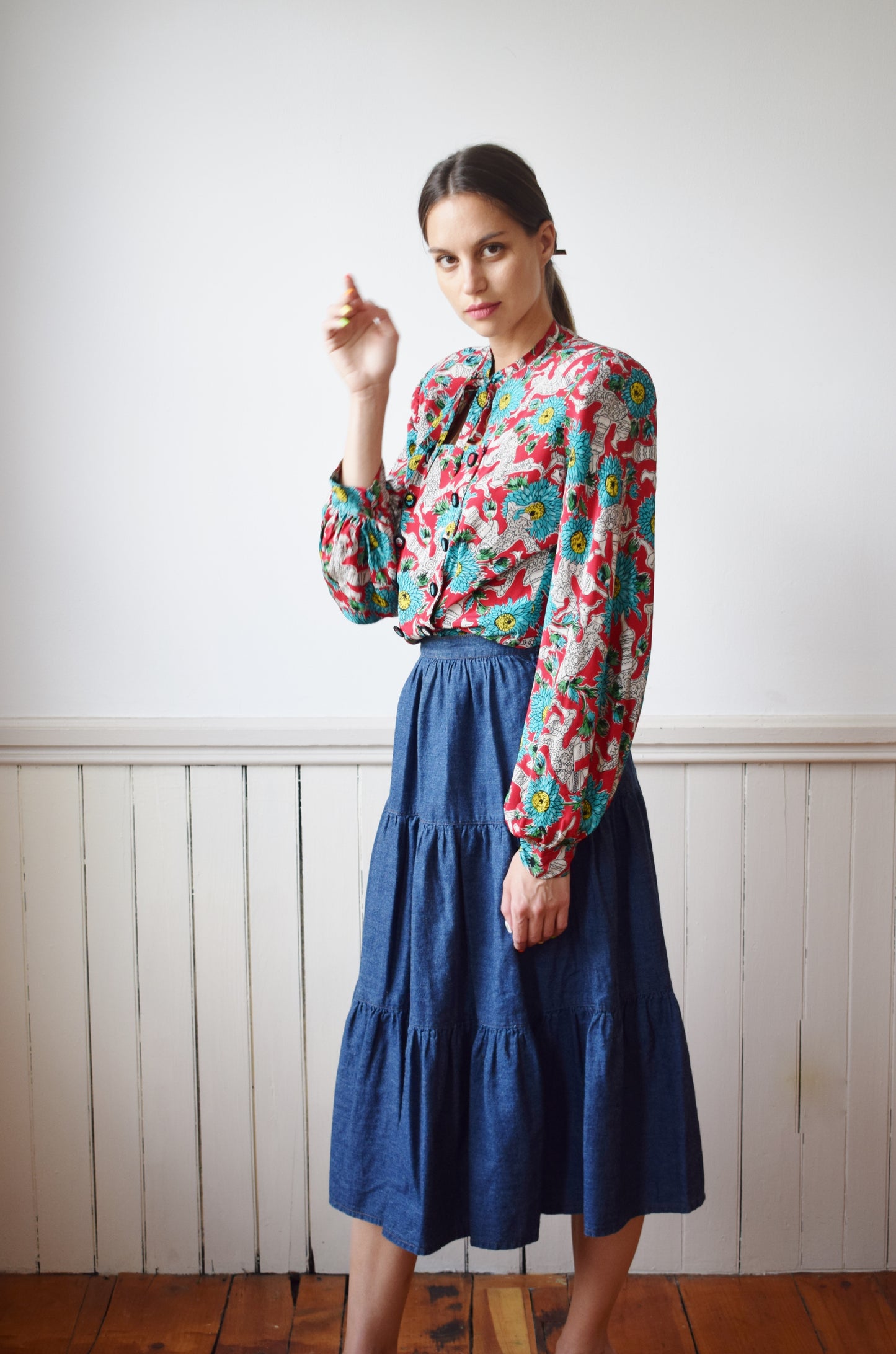 80s Geoffery Beene Denim Midi Skirt | XS