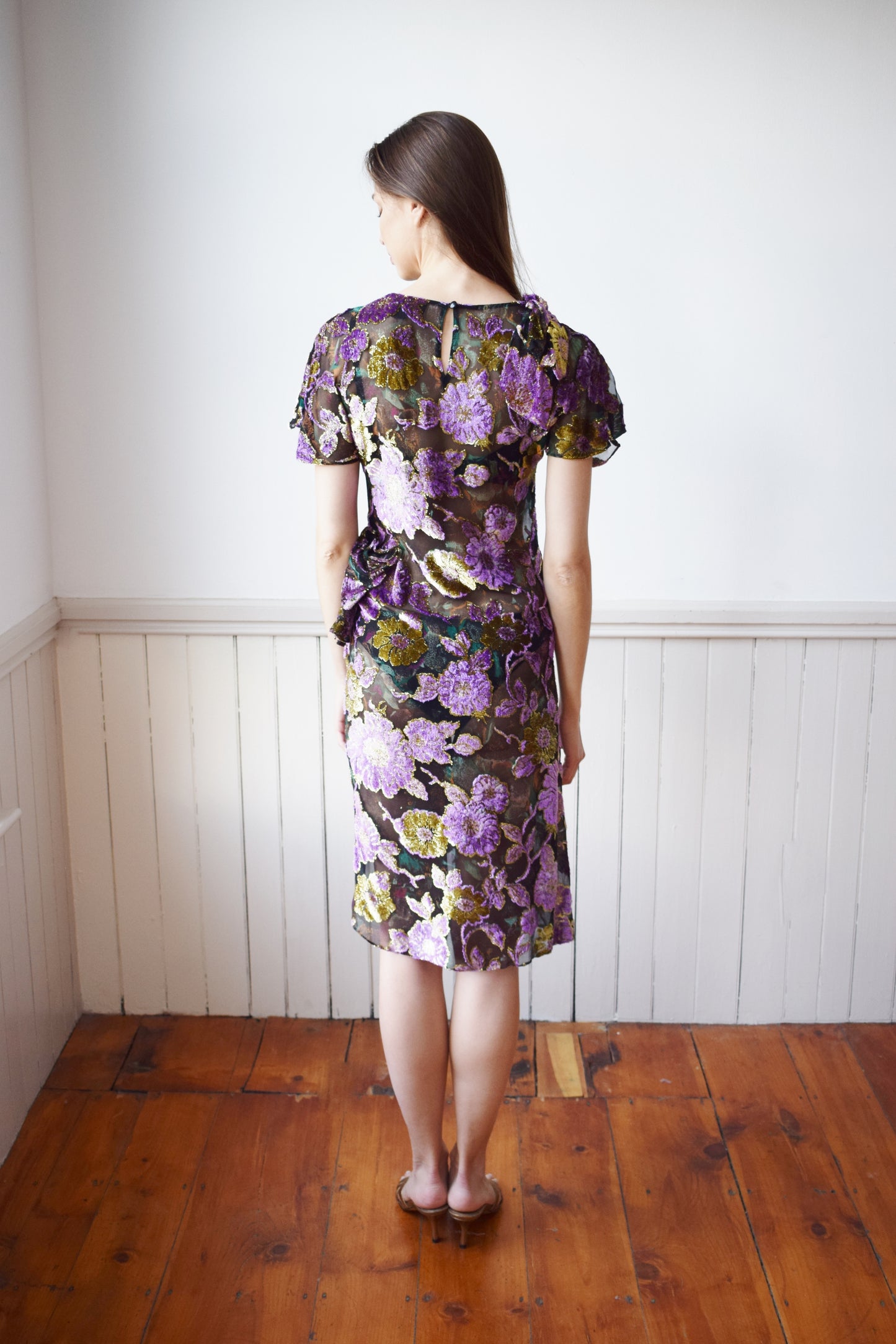 90s Burnout Silk Velvet and Gold Dress | XS/S