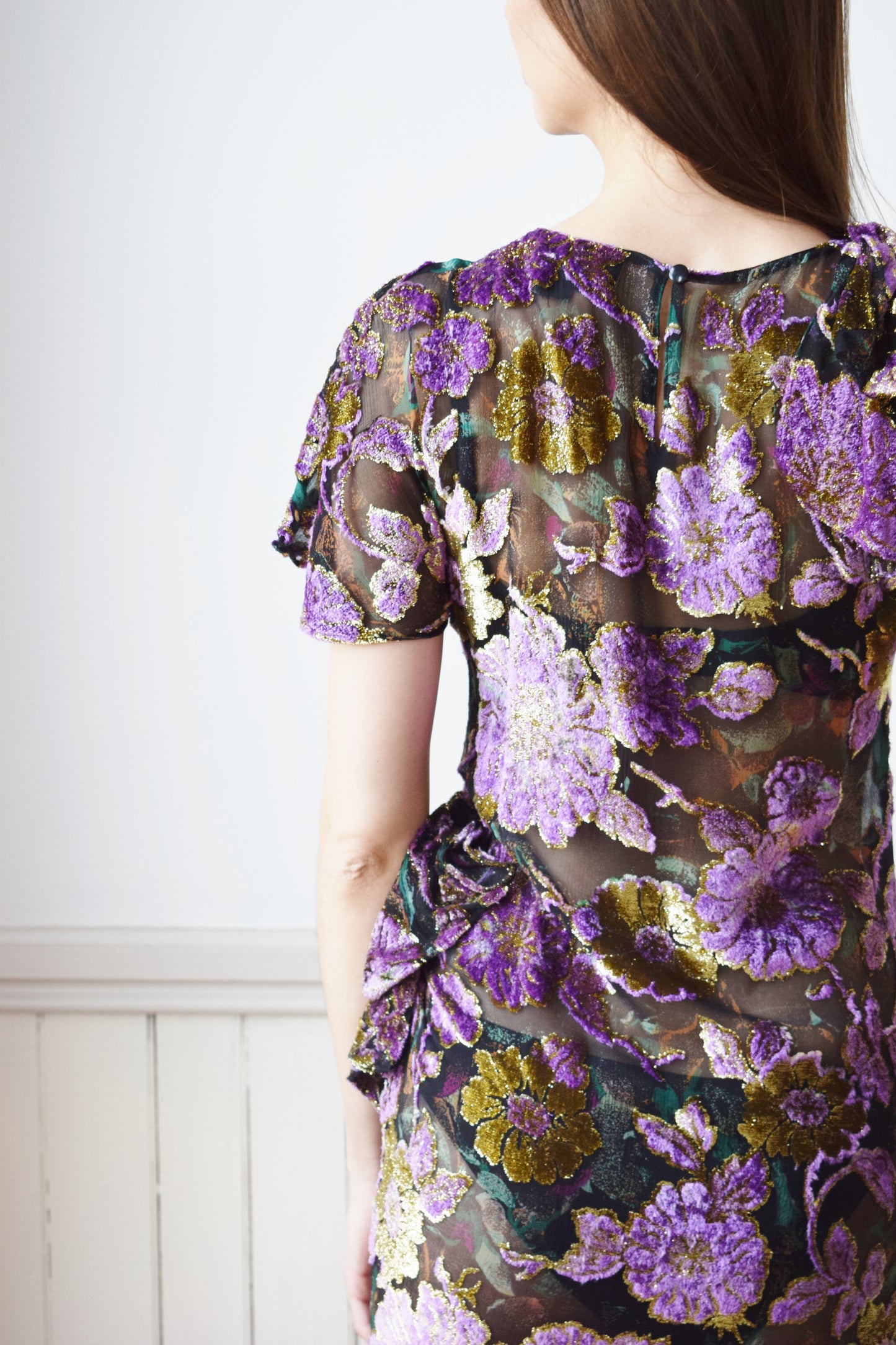 90s Burnout Silk Velvet and Gold Dress | XS/S