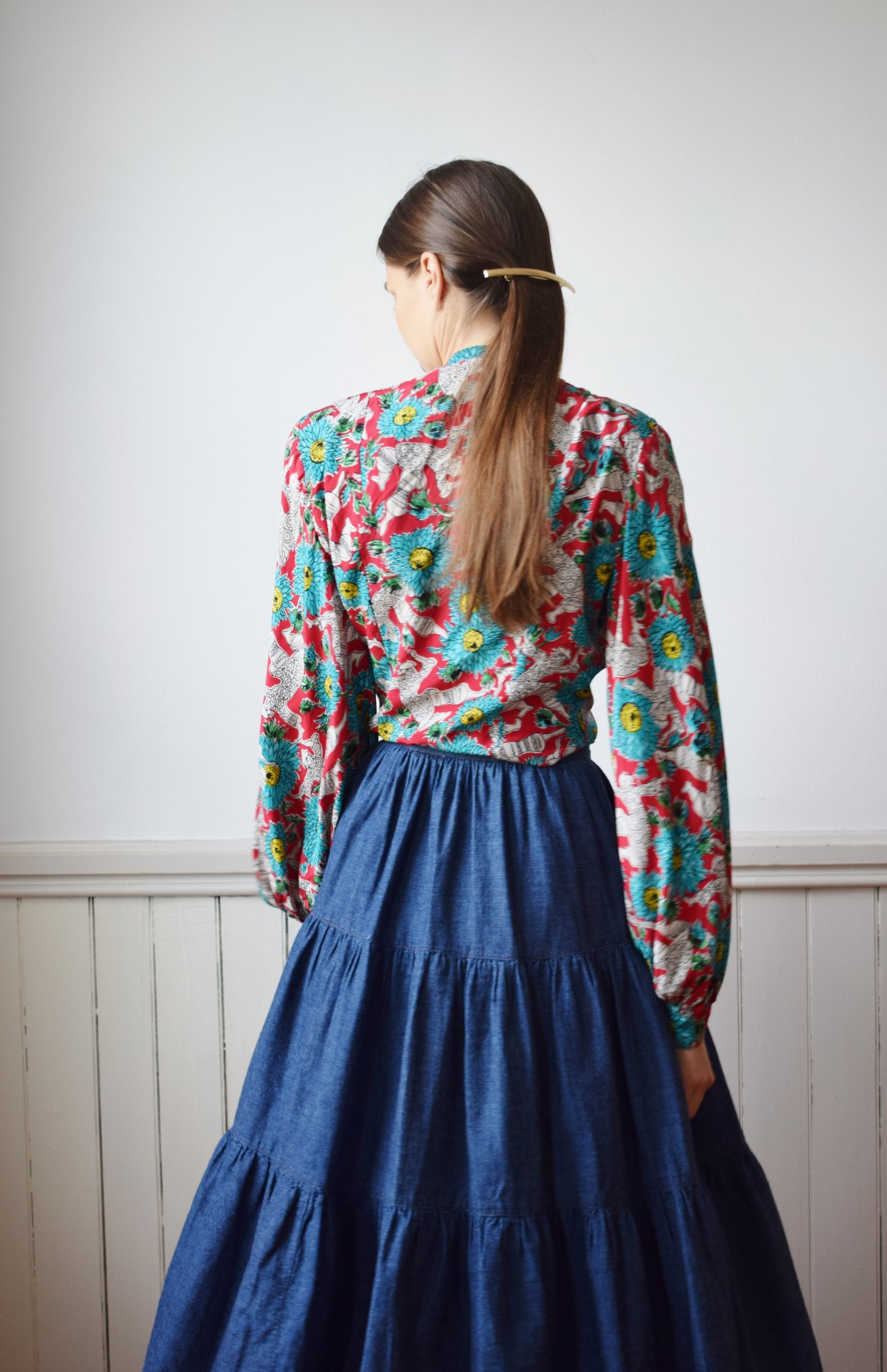 80s Geoffery Beene Denim Midi Skirt | XS