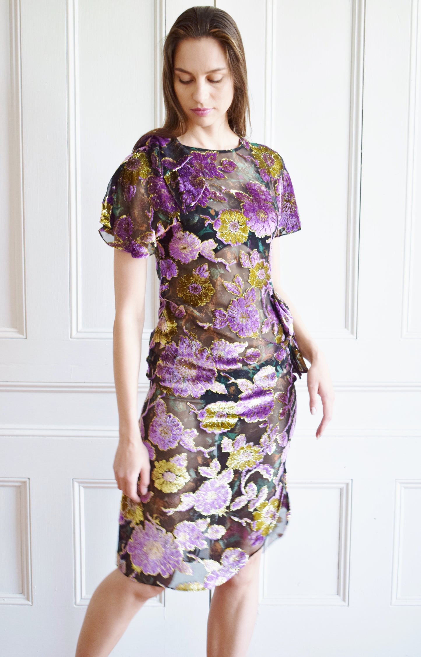 90s Burnout Silk Velvet and Gold Dress | XS/S