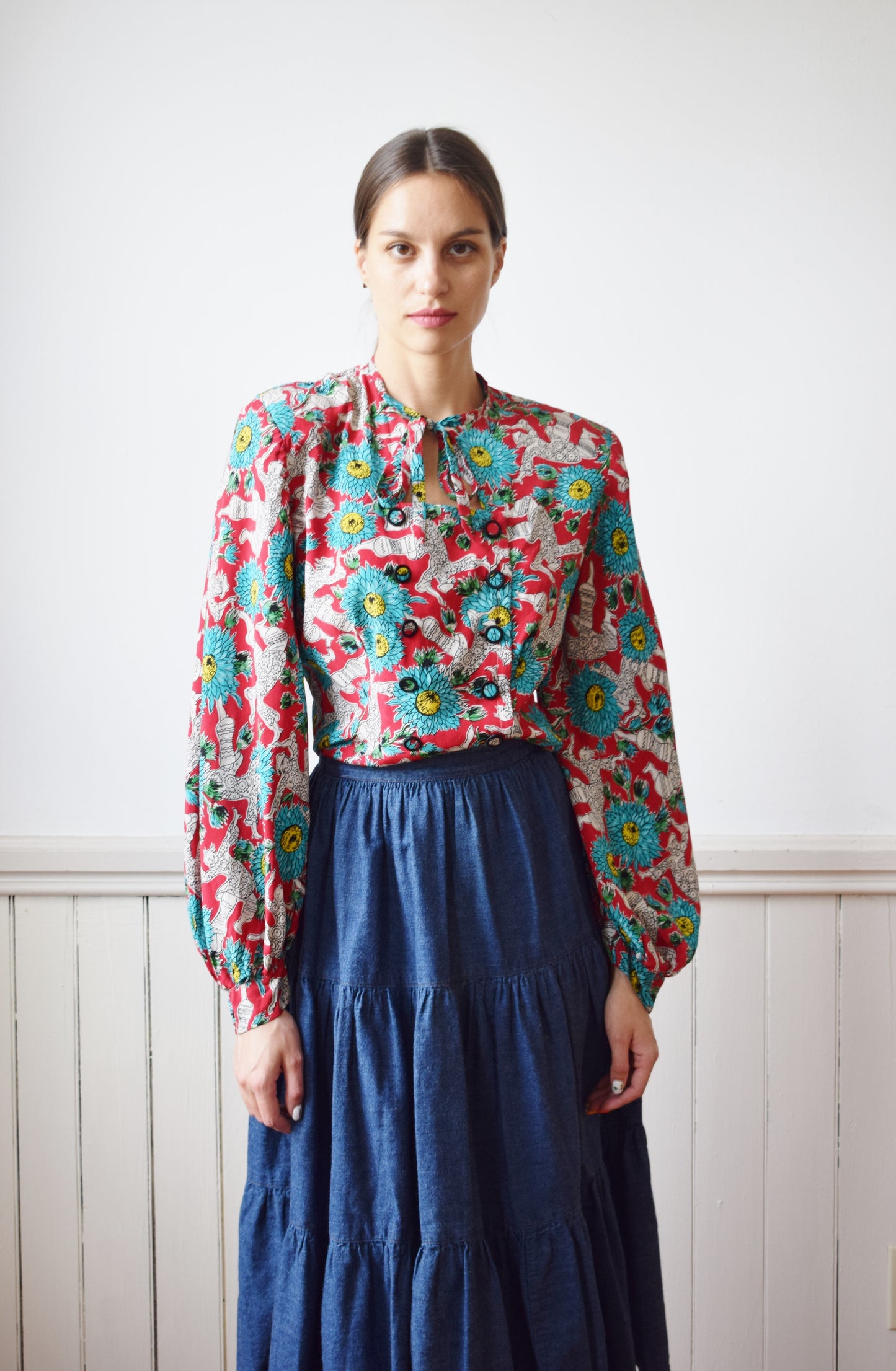 1940s Novelty Print Lantern Sleeve Blouse | M/L