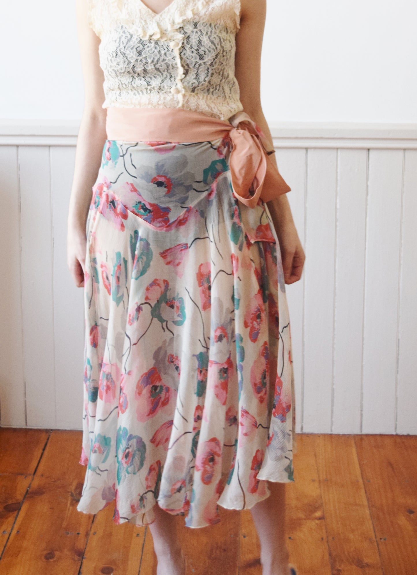 1930s Art Deco Poppy Print Tissue Silk Skirt | S