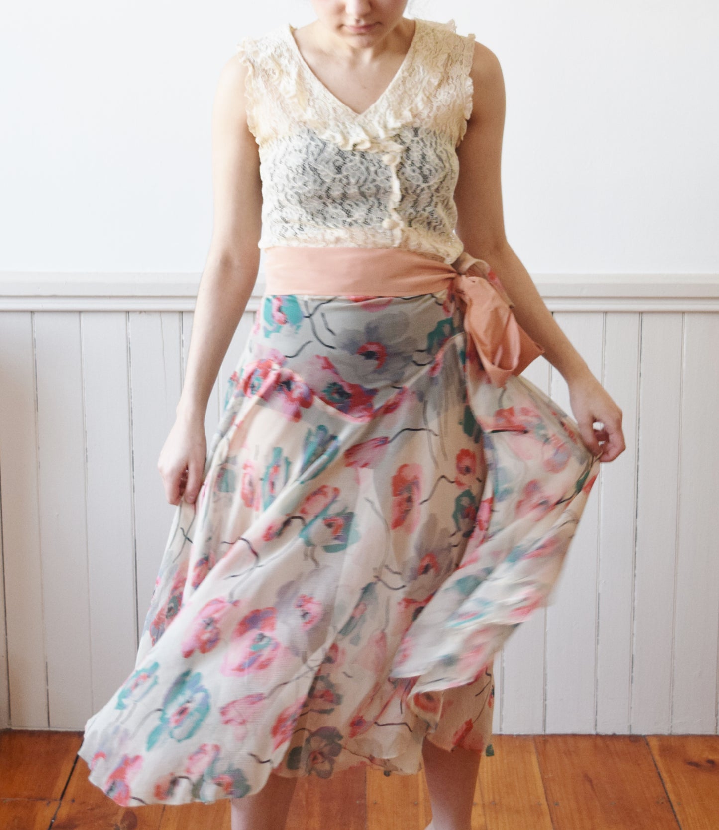 1930s Art Deco Poppy Print Tissue Silk Skirt | S