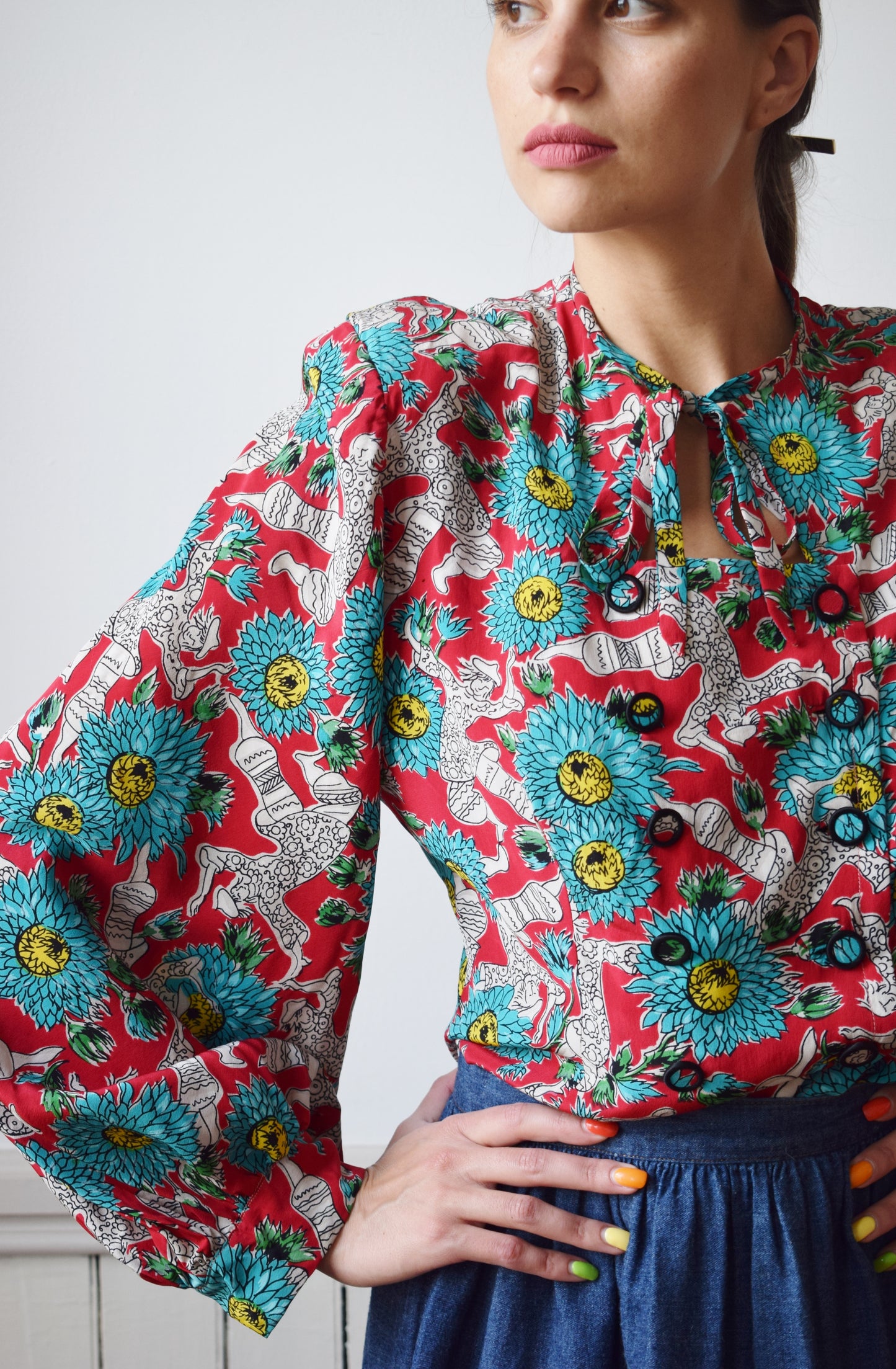 1940s Novelty Print Lantern Sleeve Blouse | M/L