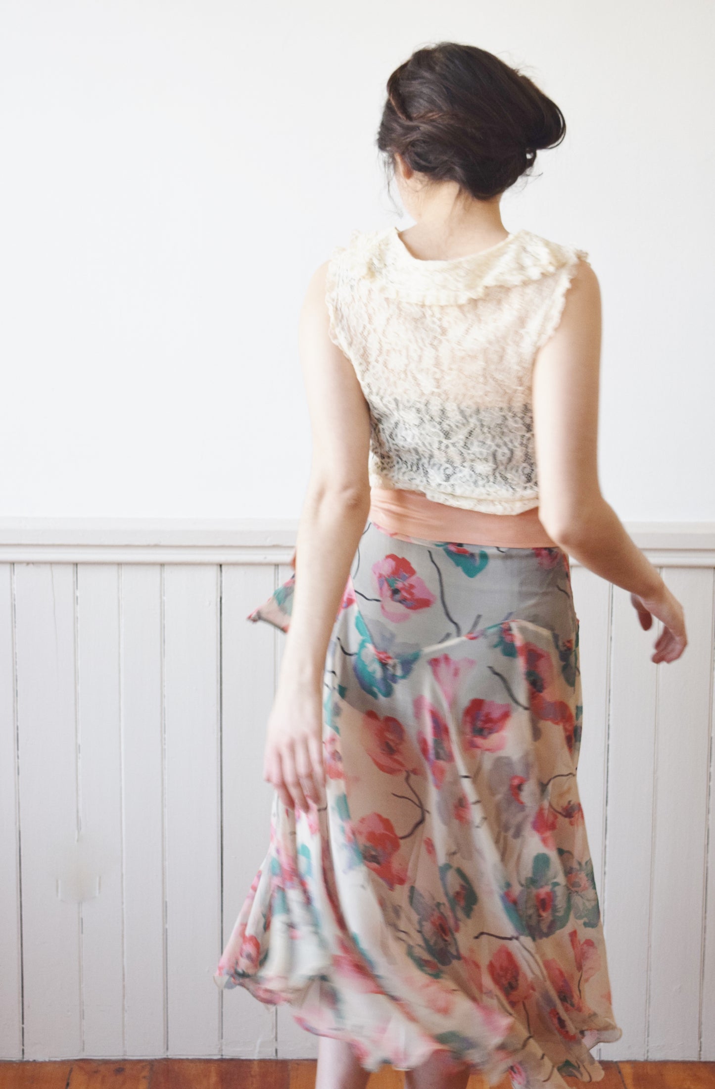 1930s Art Deco Poppy Print Tissue Silk Skirt | S
