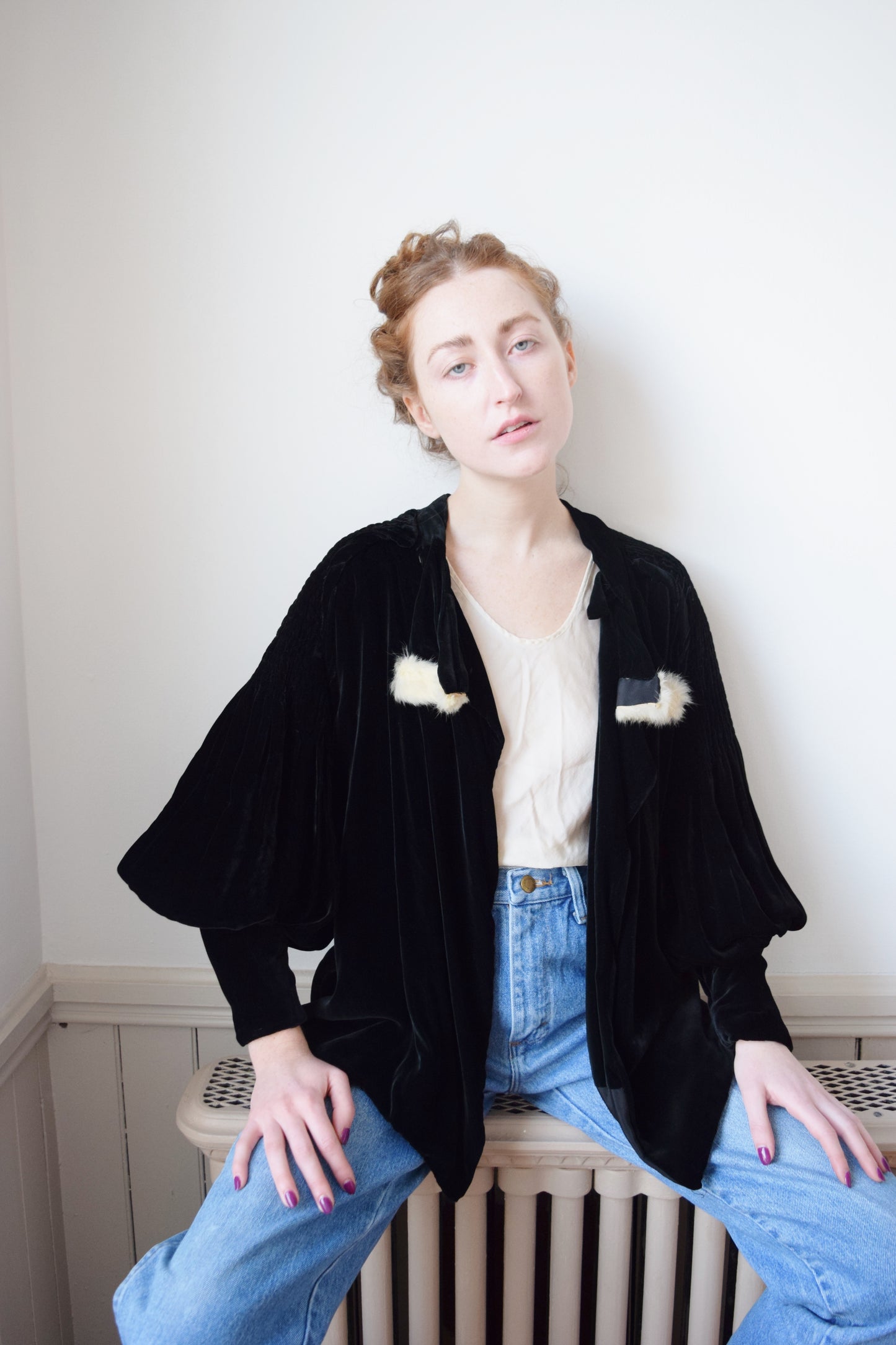 1930s Silk Velvet Jacket with Bishop Sleeves | OS