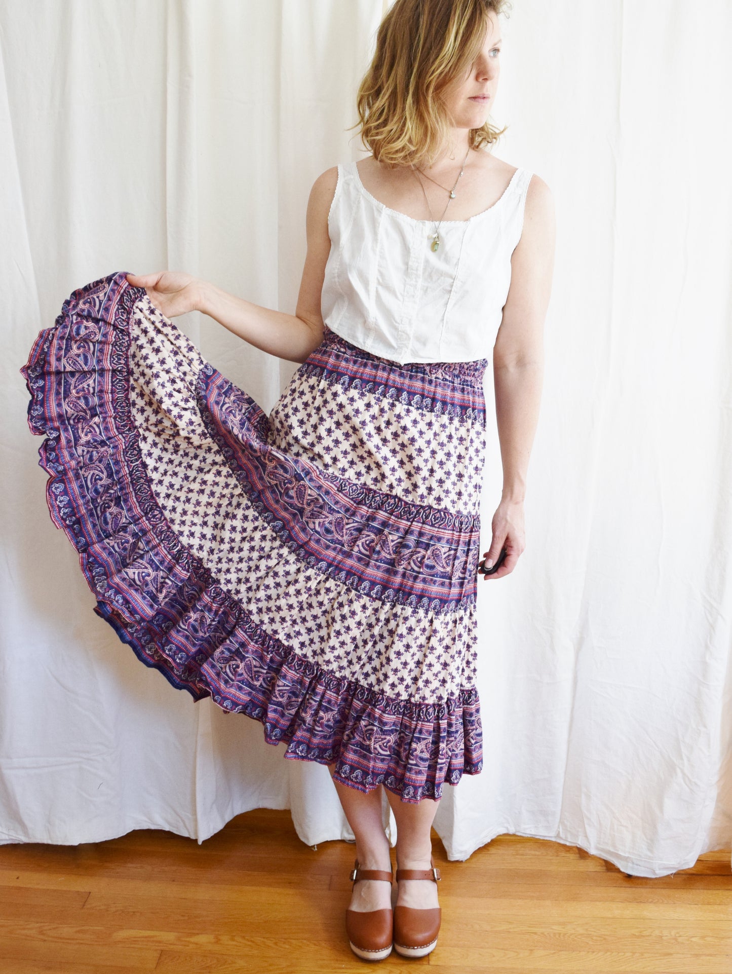 1970s Indian Block Print Midi Skirt