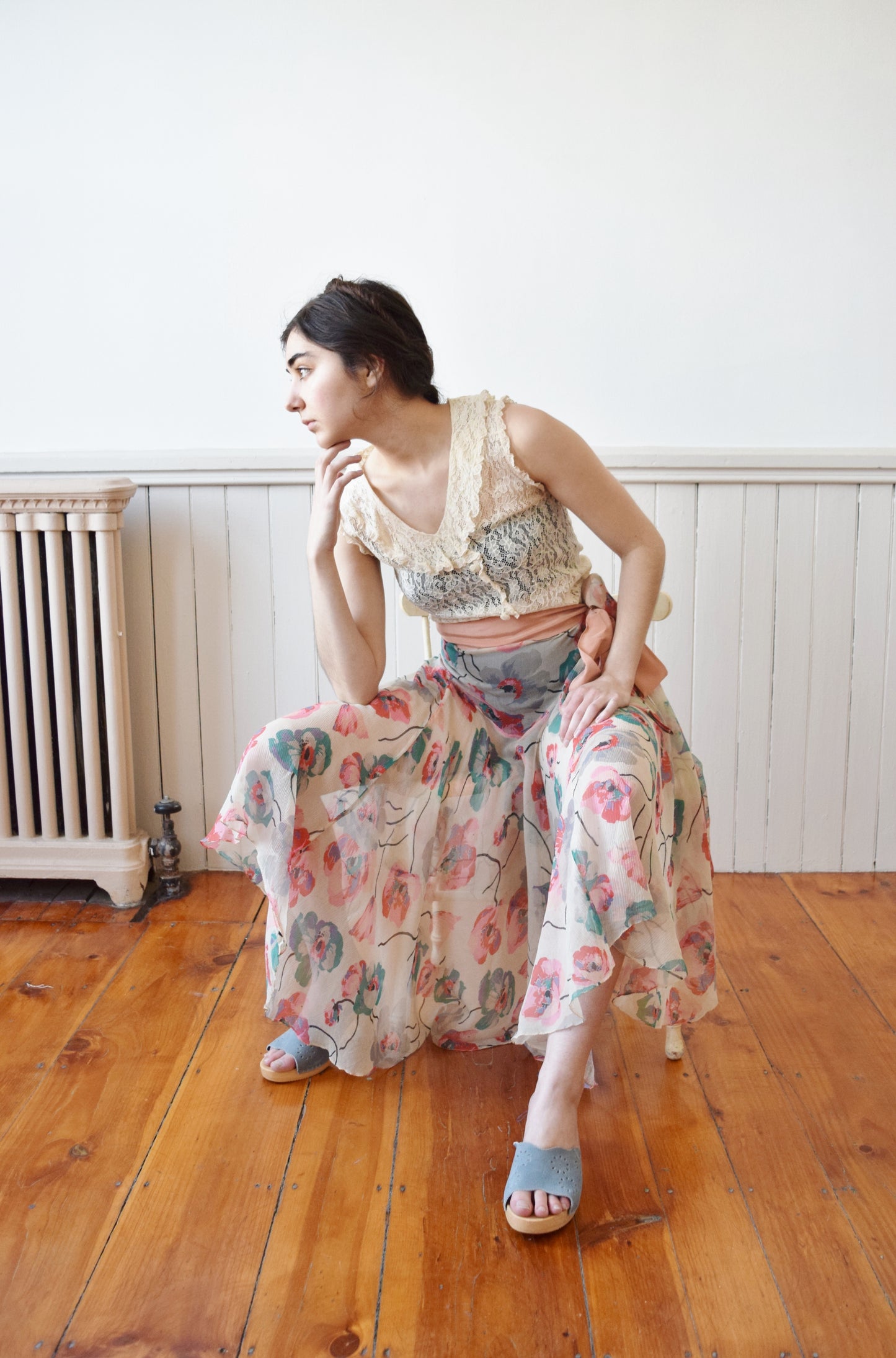 1930s Art Deco Poppy Print Tissue Silk Skirt | S