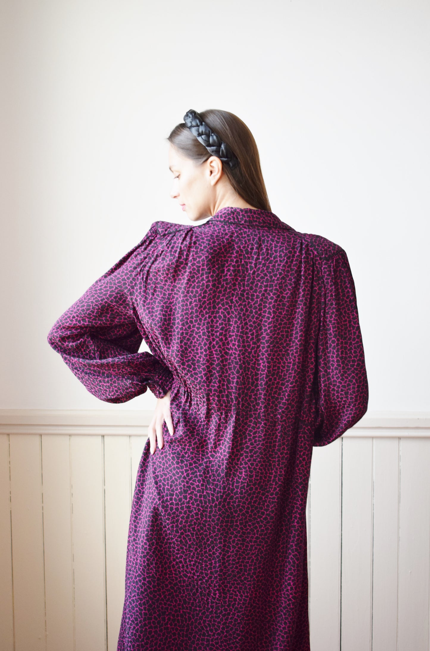 80s Magenta Silk Button Front Dress | L